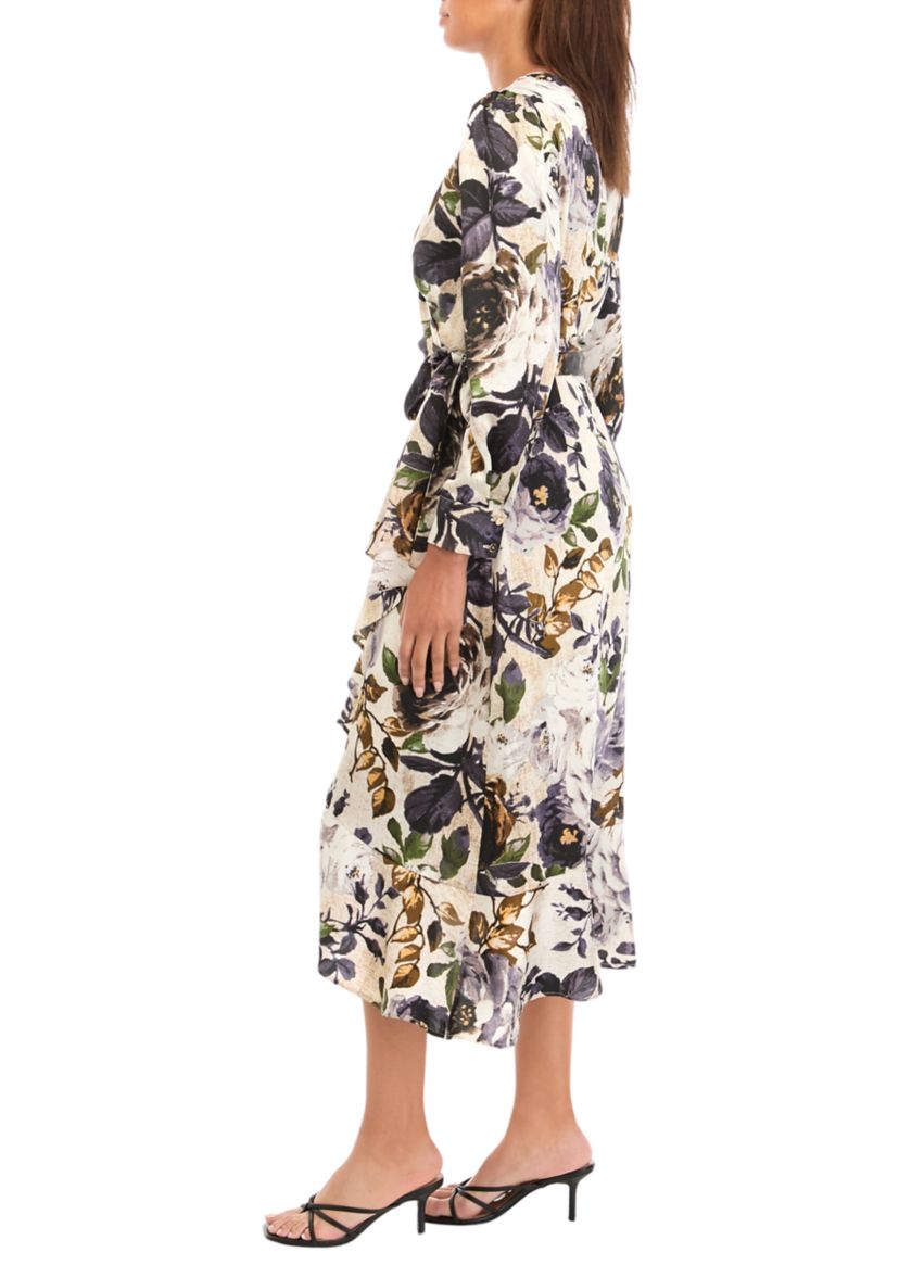 Womens Printed Ruffle Wrap Dress