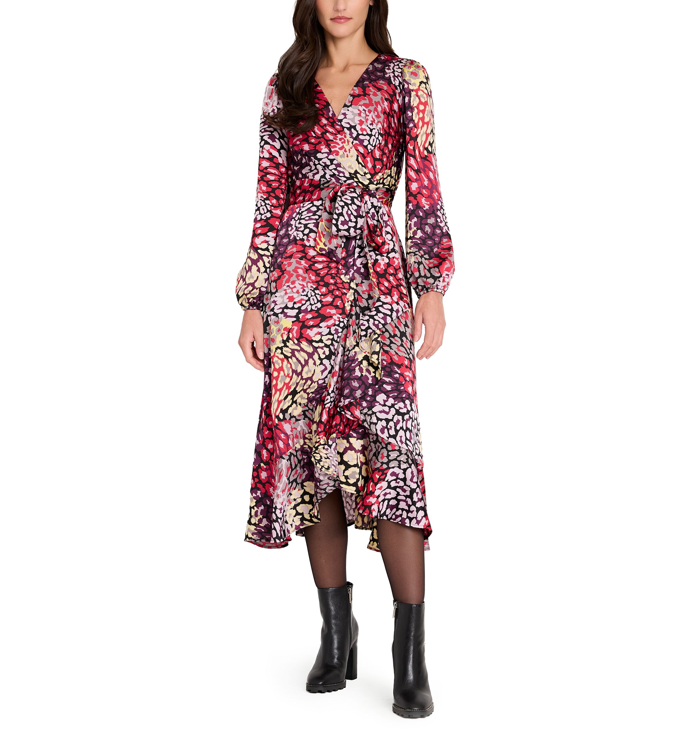 Womens Long Sleeve Printed Satin Wrap Dress