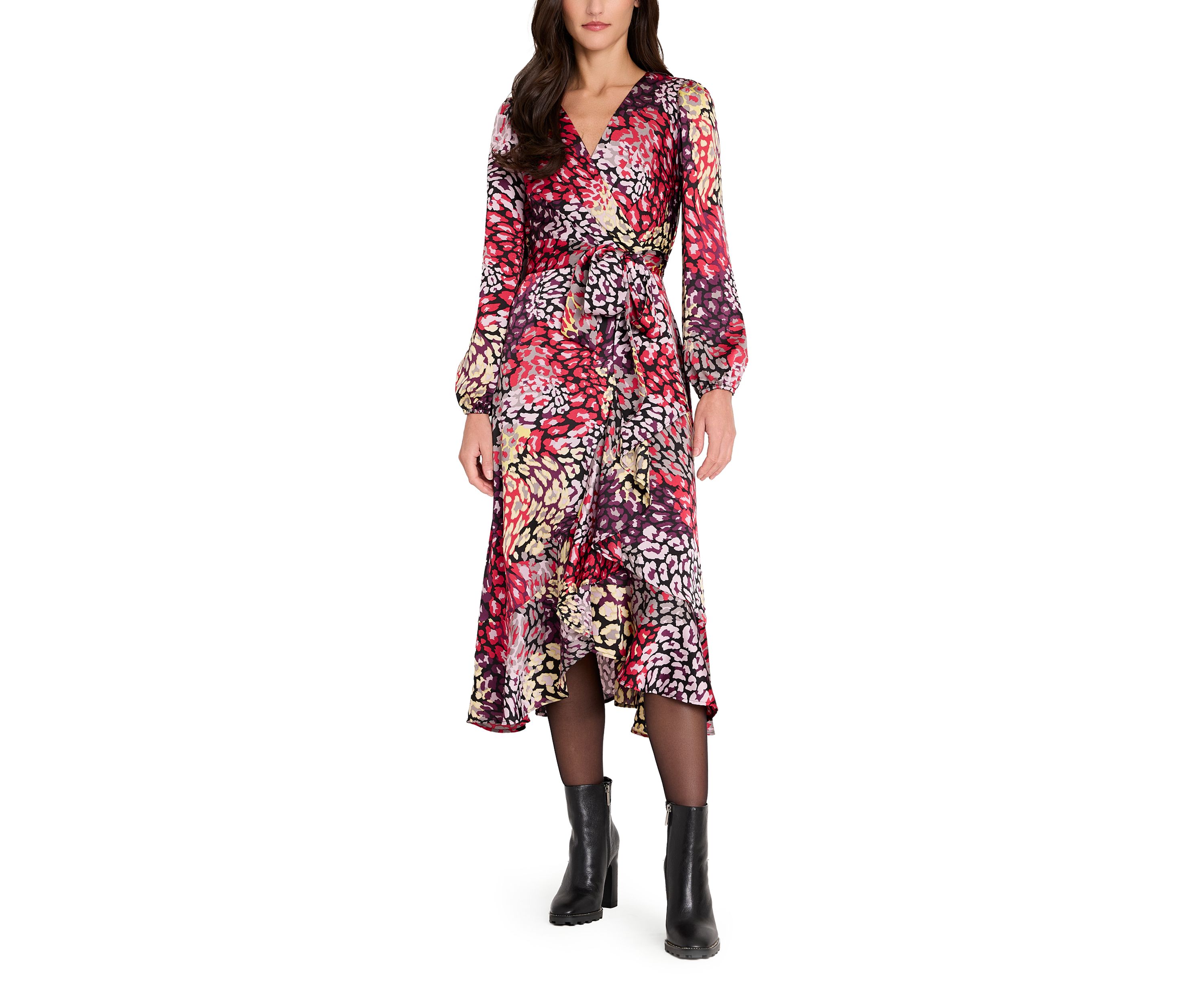 Womens Long Sleeve Printed Satin Wrap Dress