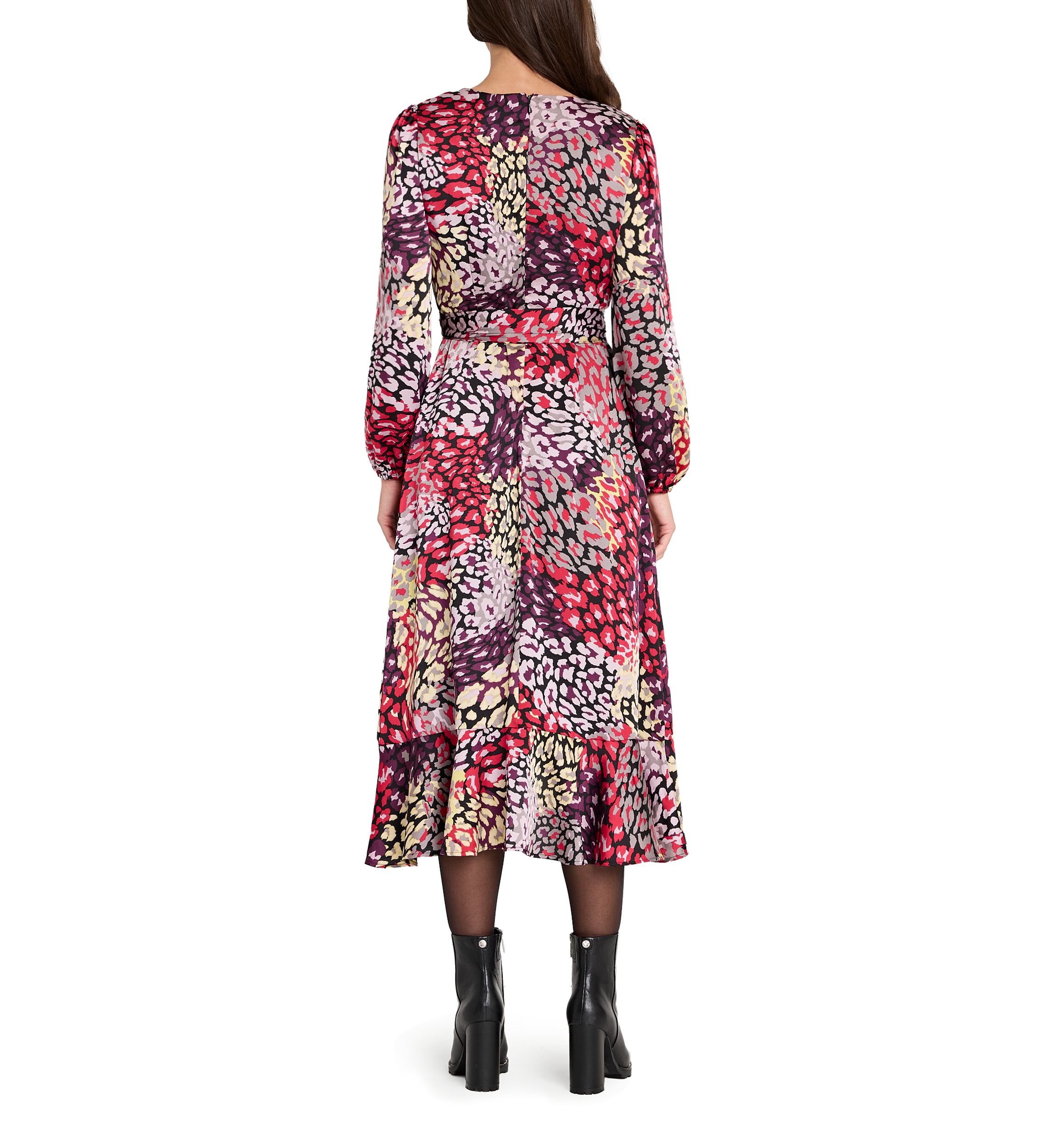 Womens Long Sleeve Printed Satin Wrap Dress