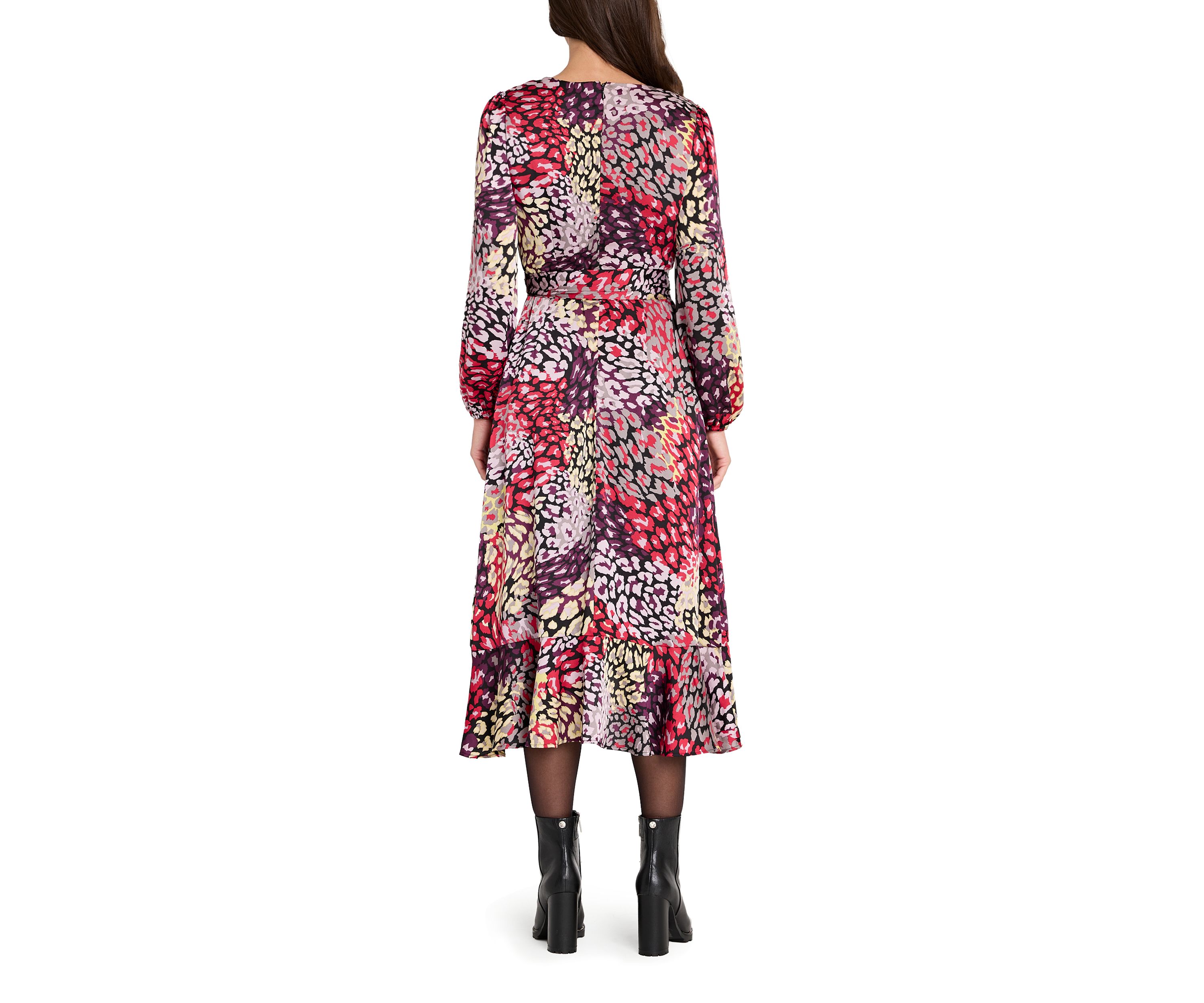 Womens Long Sleeve Printed Satin Wrap Dress