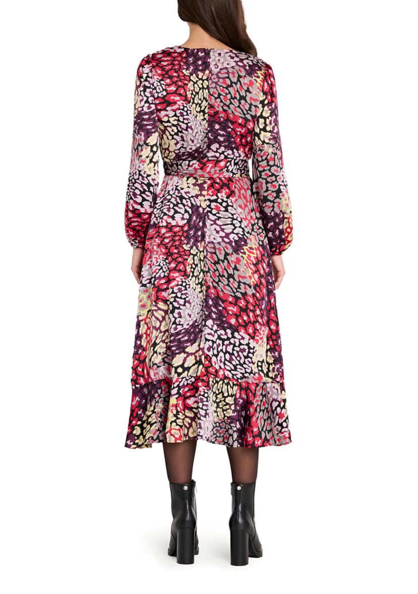 Womens Long Sleeve Printed Satin Wrap Dress