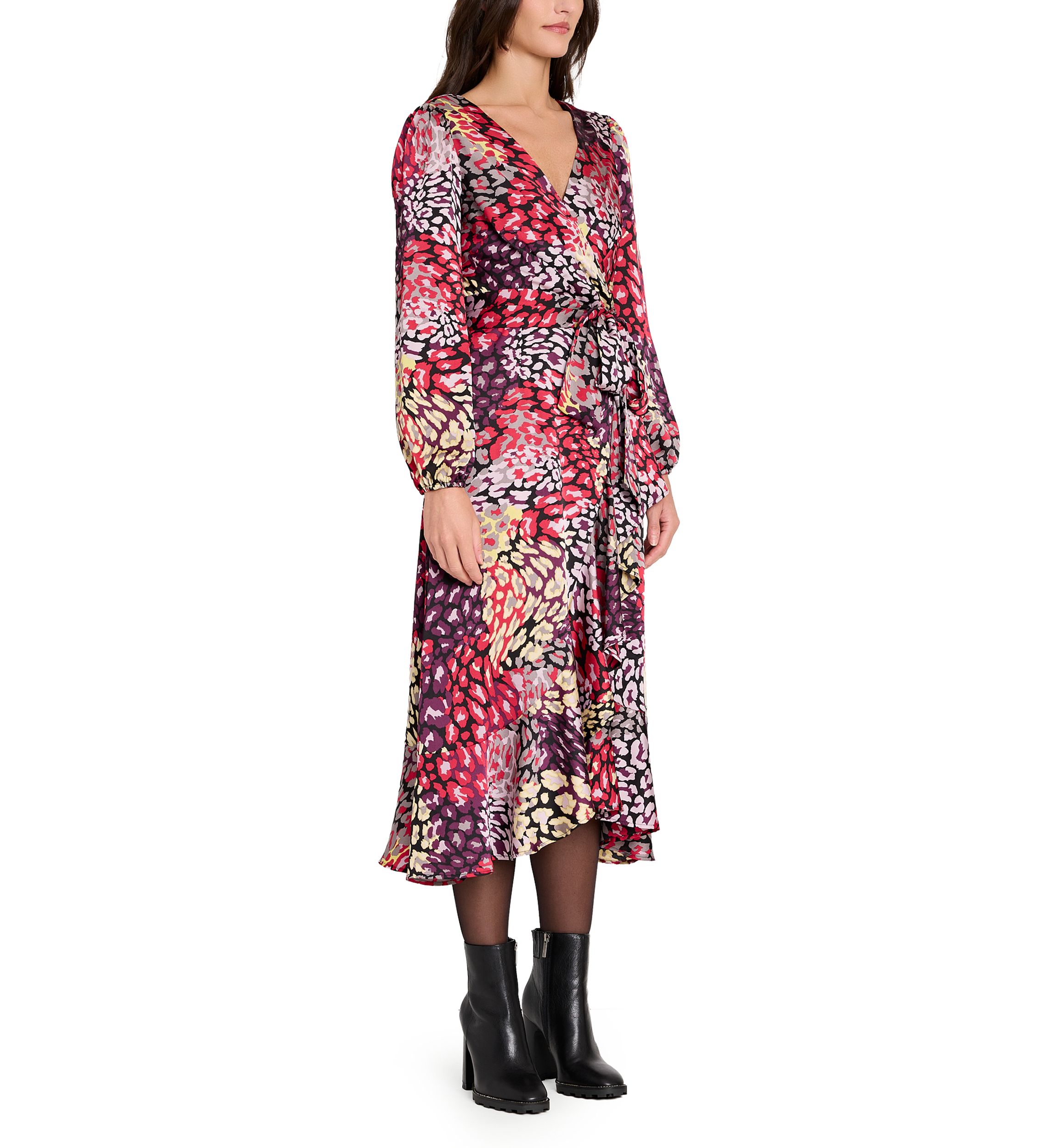 Womens Long Sleeve Printed Satin Wrap Dress