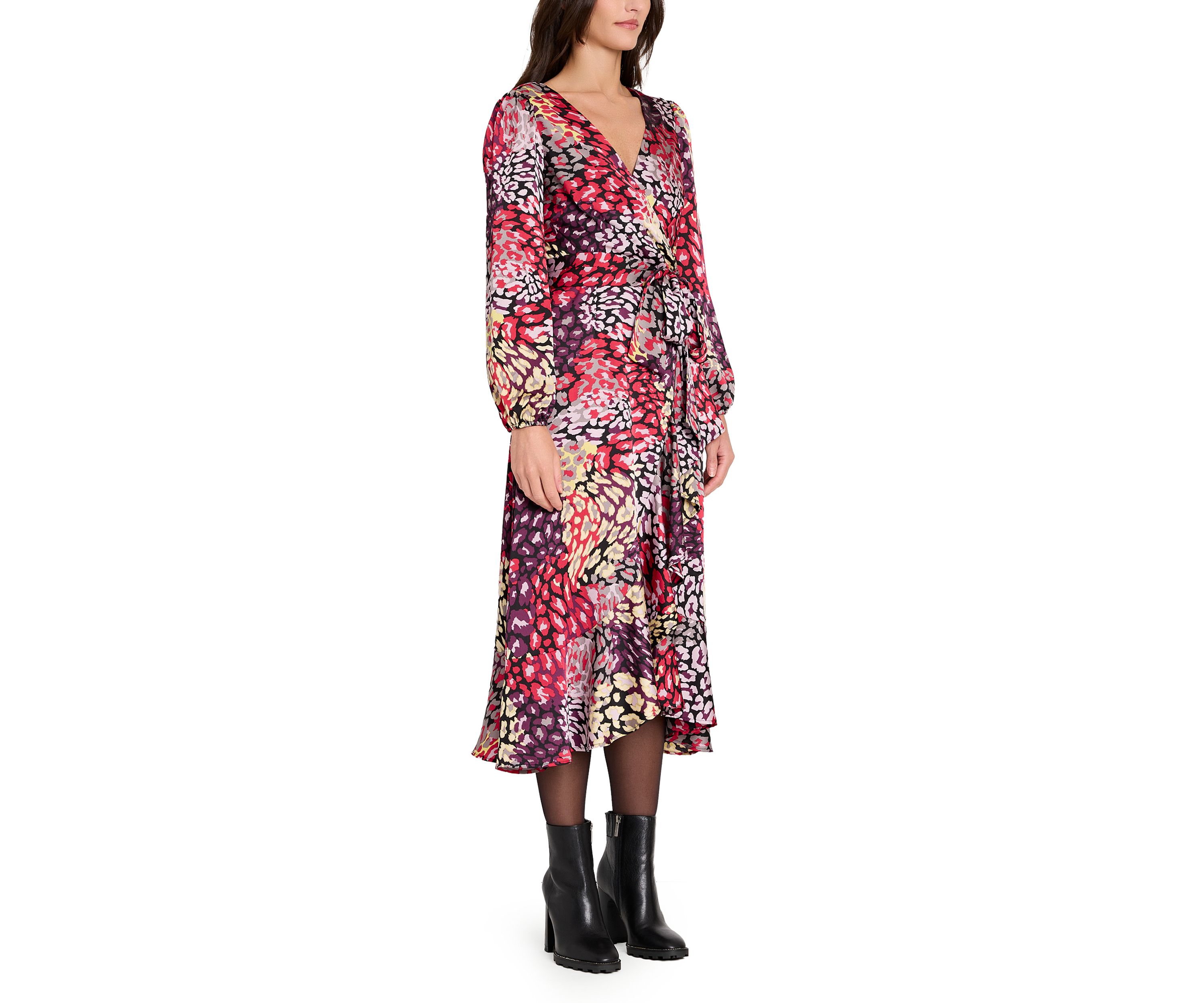 Womens Long Sleeve Printed Satin Wrap Dress
