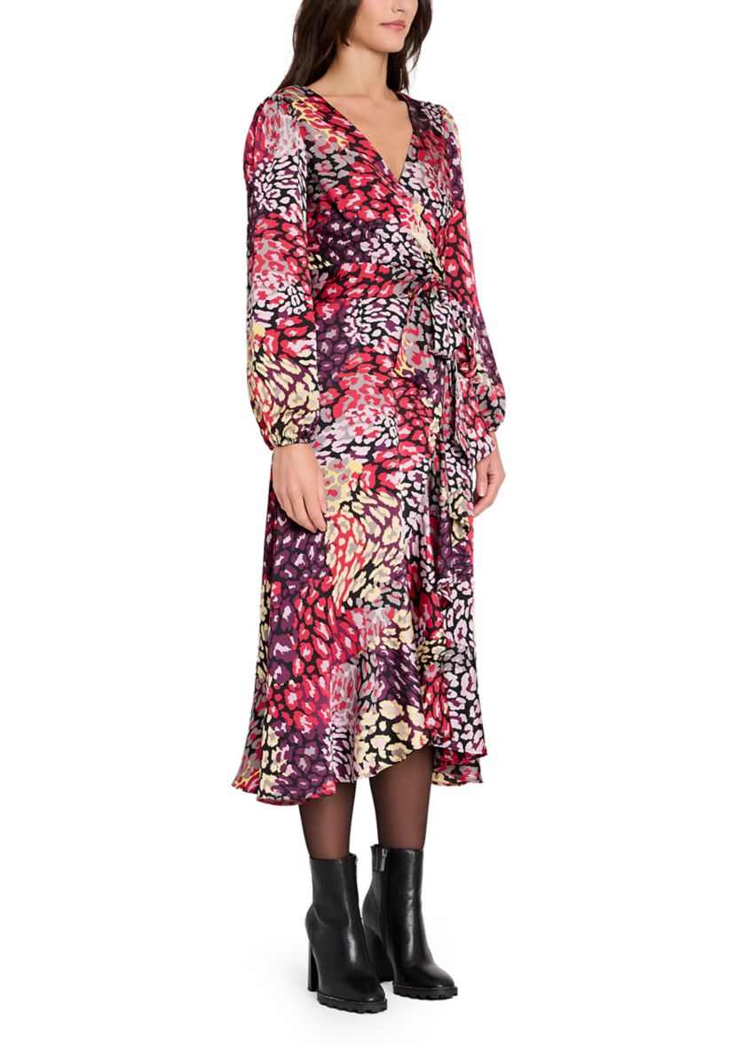 Womens Long Sleeve Printed Satin Wrap Dress