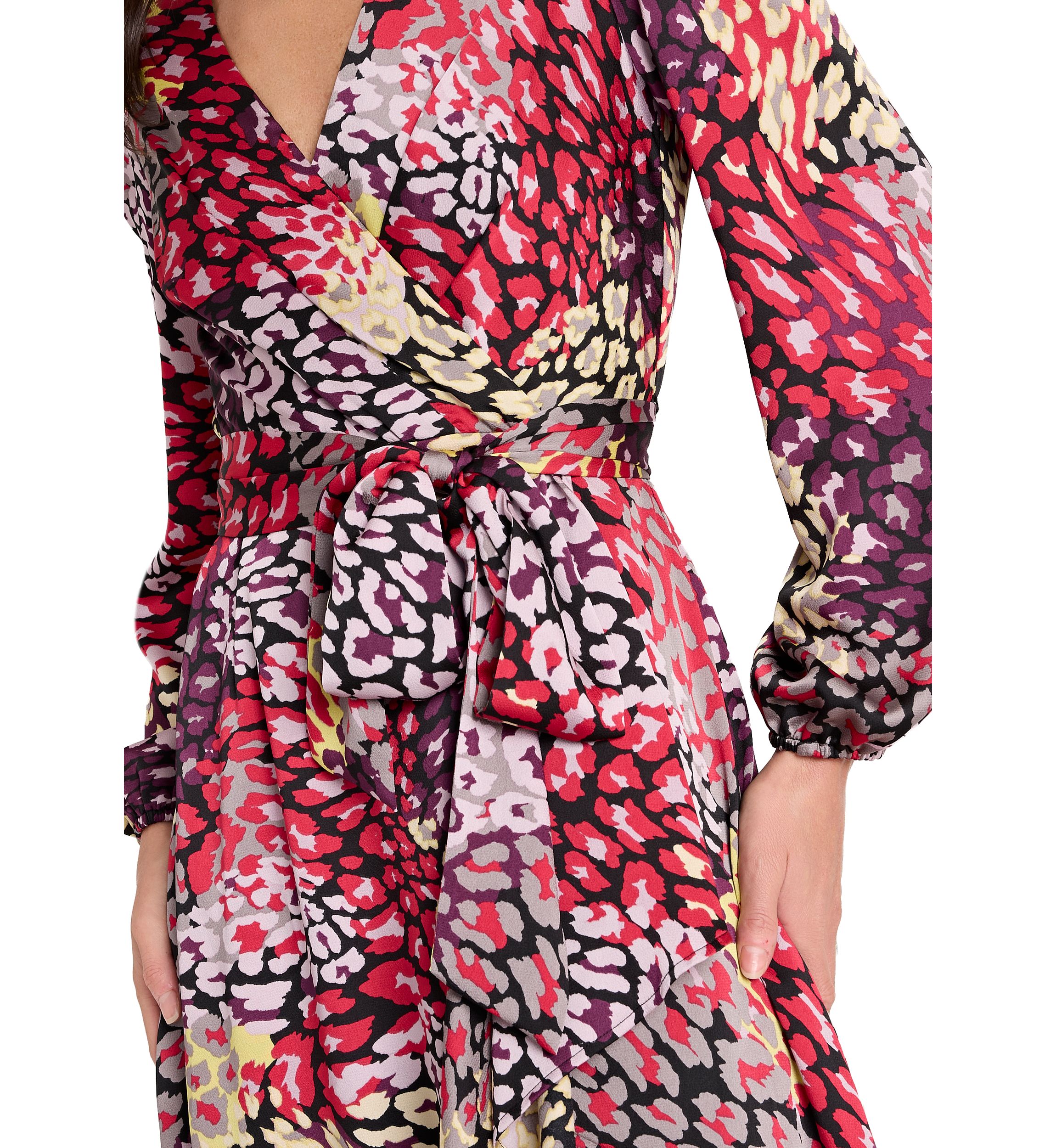 Womens Long Sleeve Printed Satin Wrap Dress