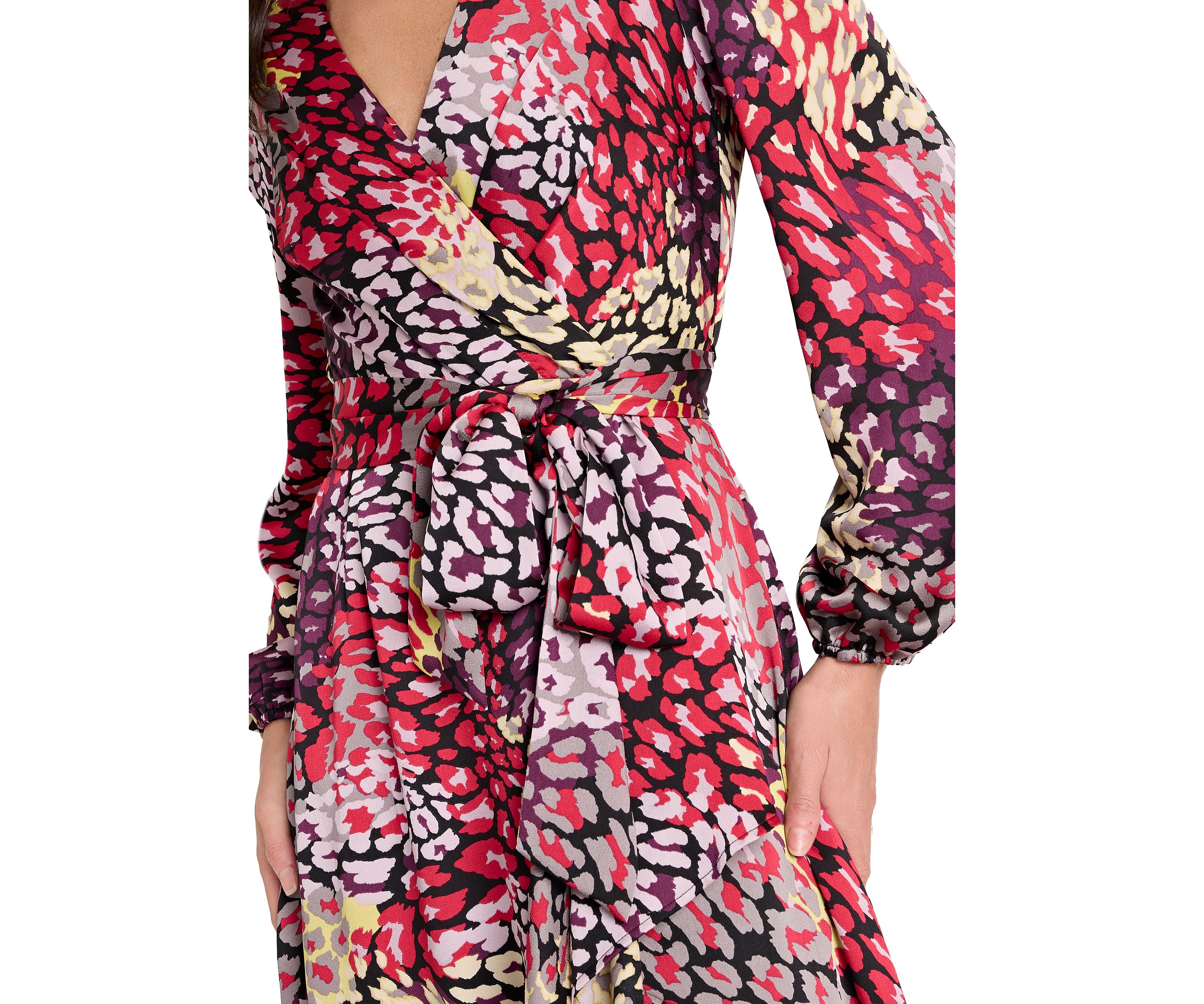 Womens Long Sleeve Printed Satin Wrap Dress
