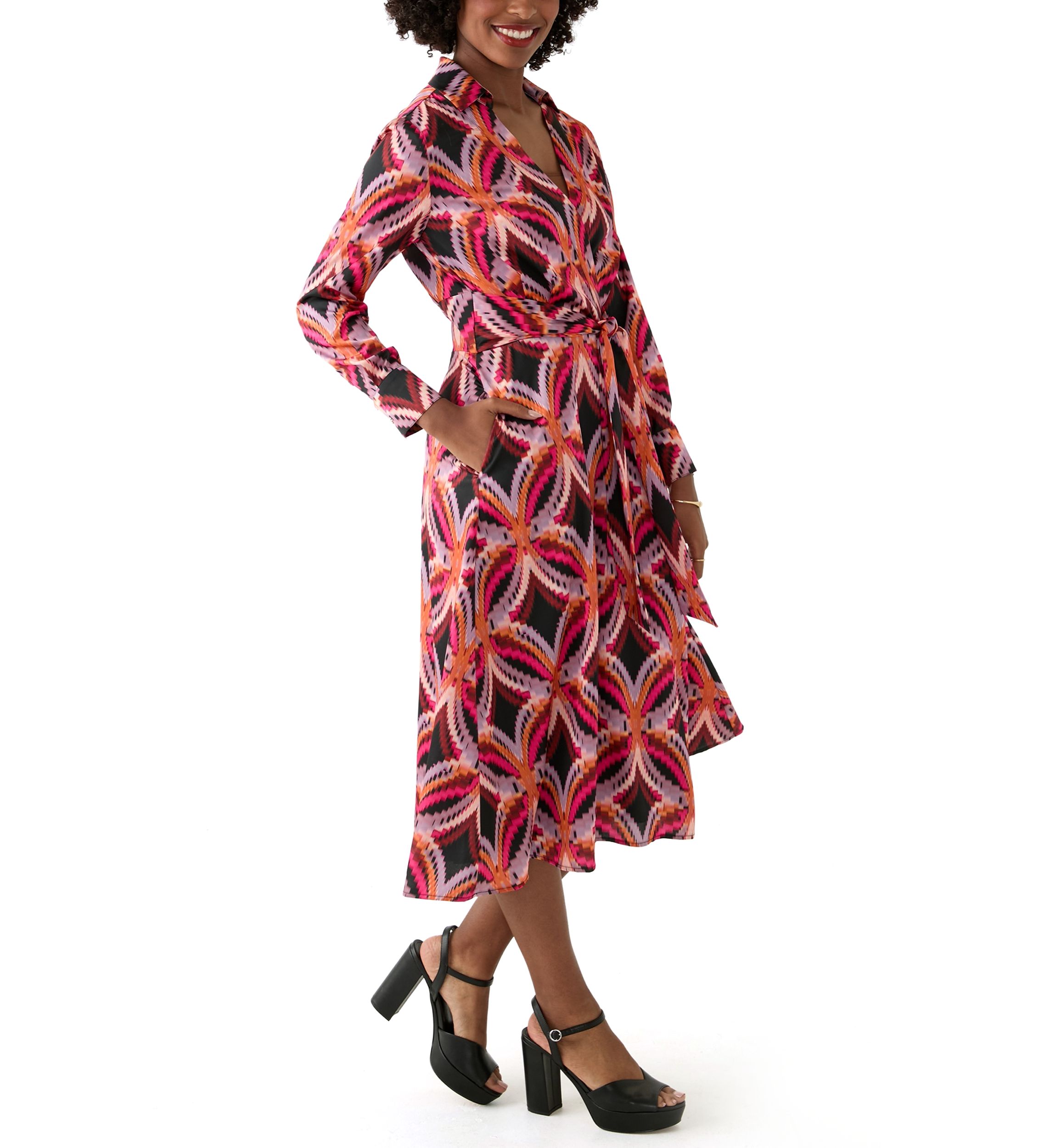 Womens Long Sleeve Printed Shirtdress 