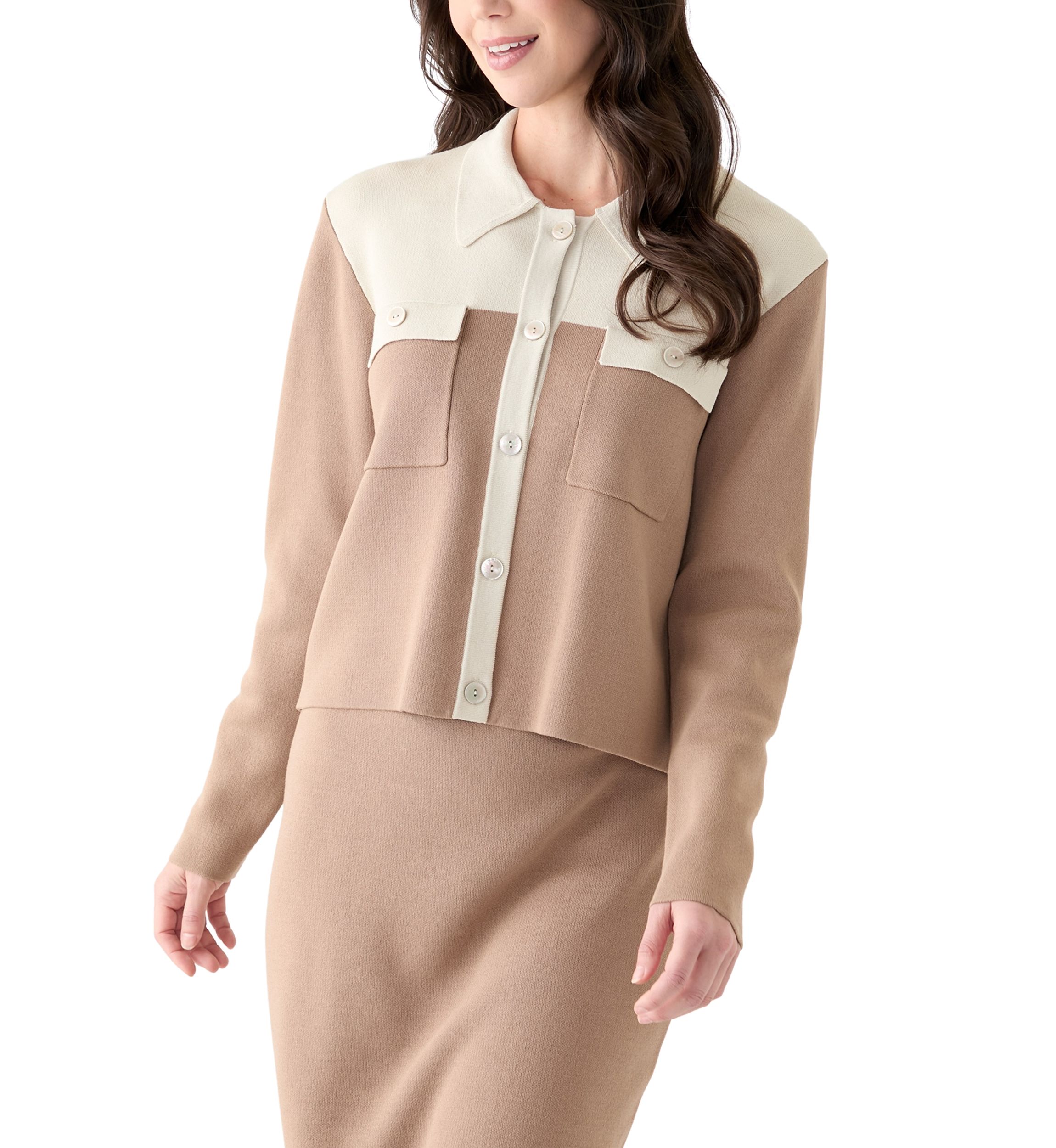 Womens Color Block Knit Button Down Shirt