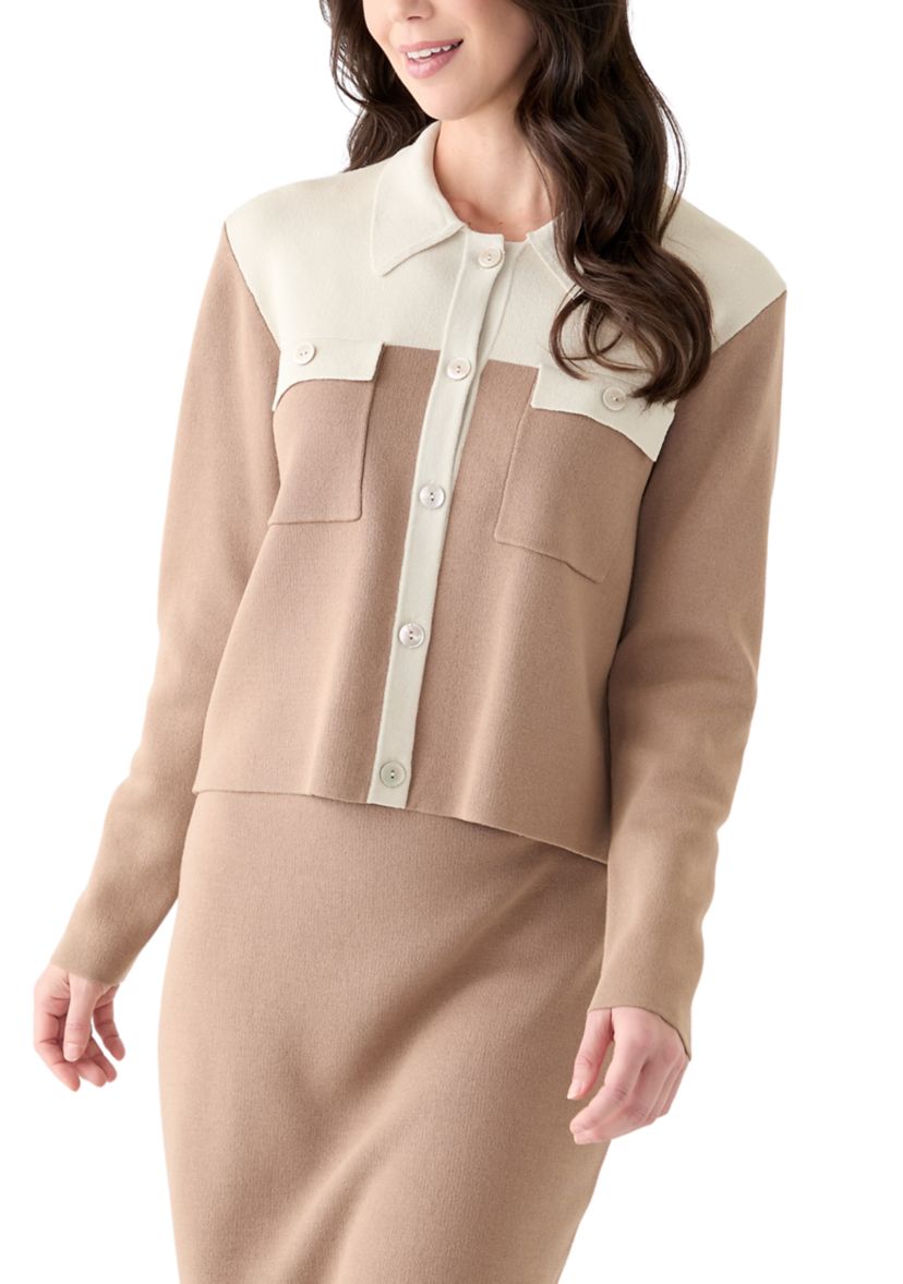 Womens Color Block Knit Button Down Shirt