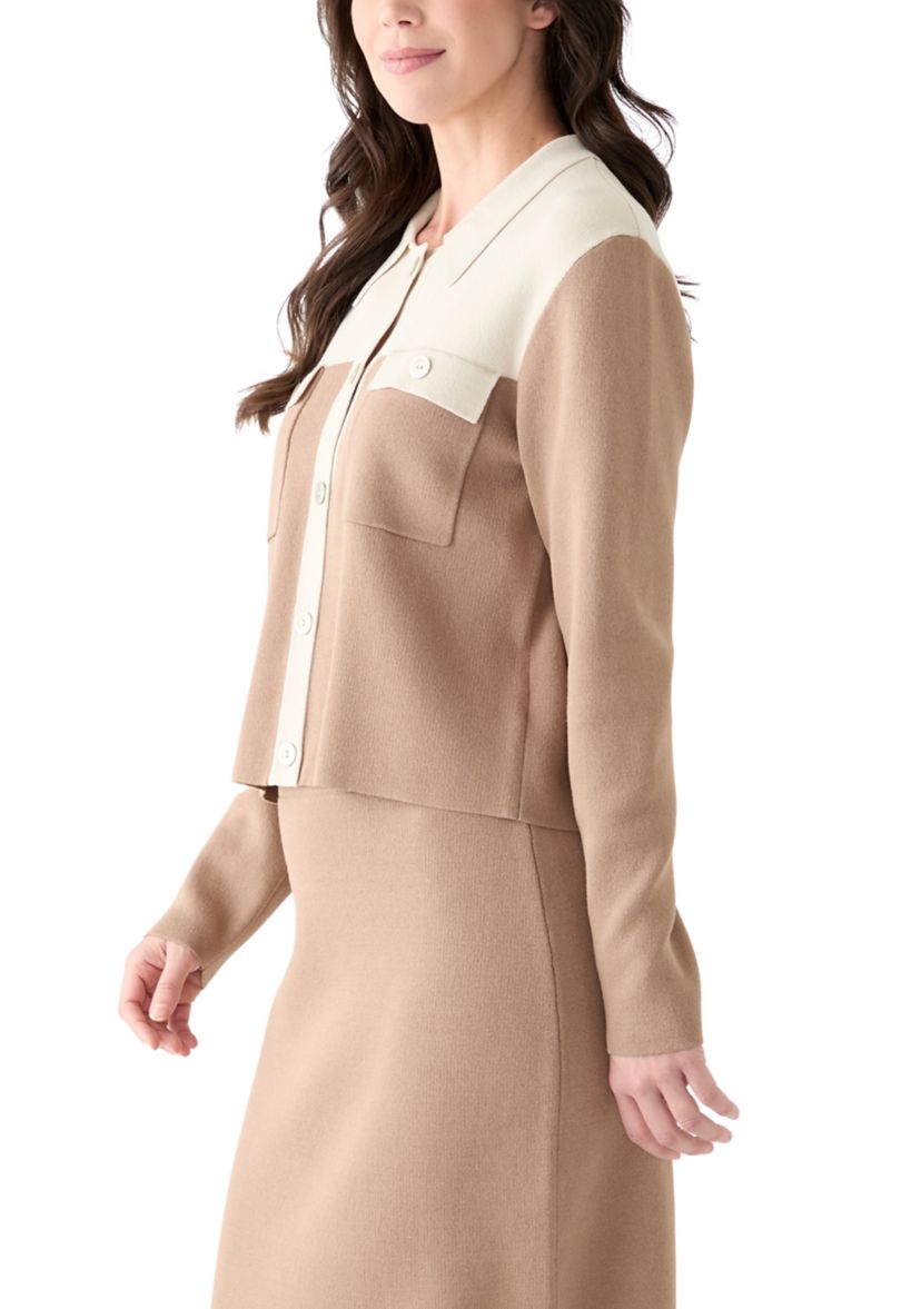 Womens Color Block Knit Button Down Shirt