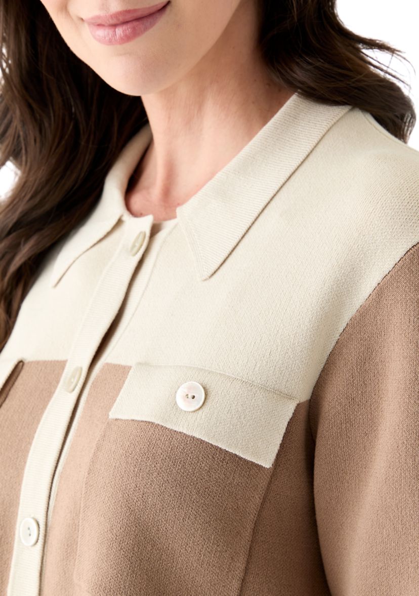 Womens Color Block Knit Button Down Shirt