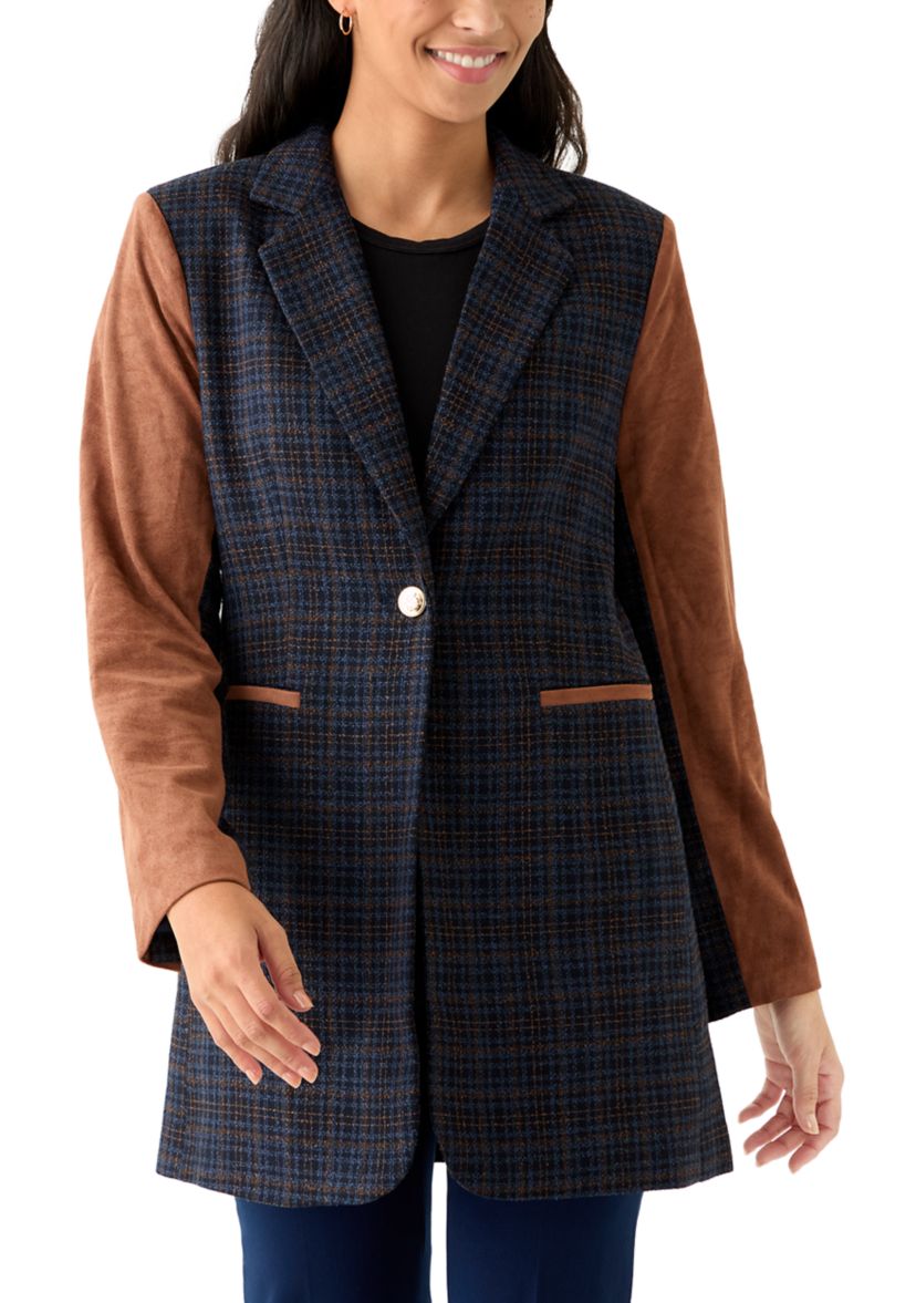 Womens Long Plaid Vegan Leather One Button Jacket