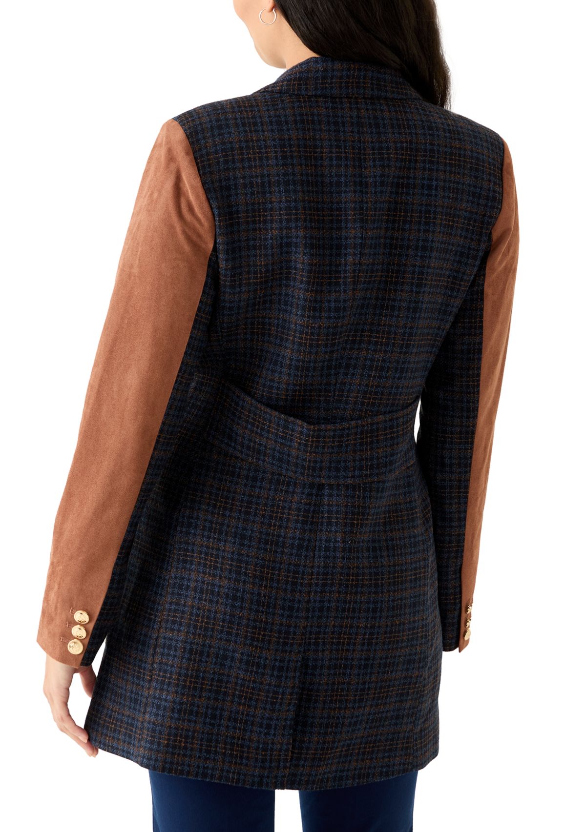Womens Long Plaid Vegan Leather One Button Jacket