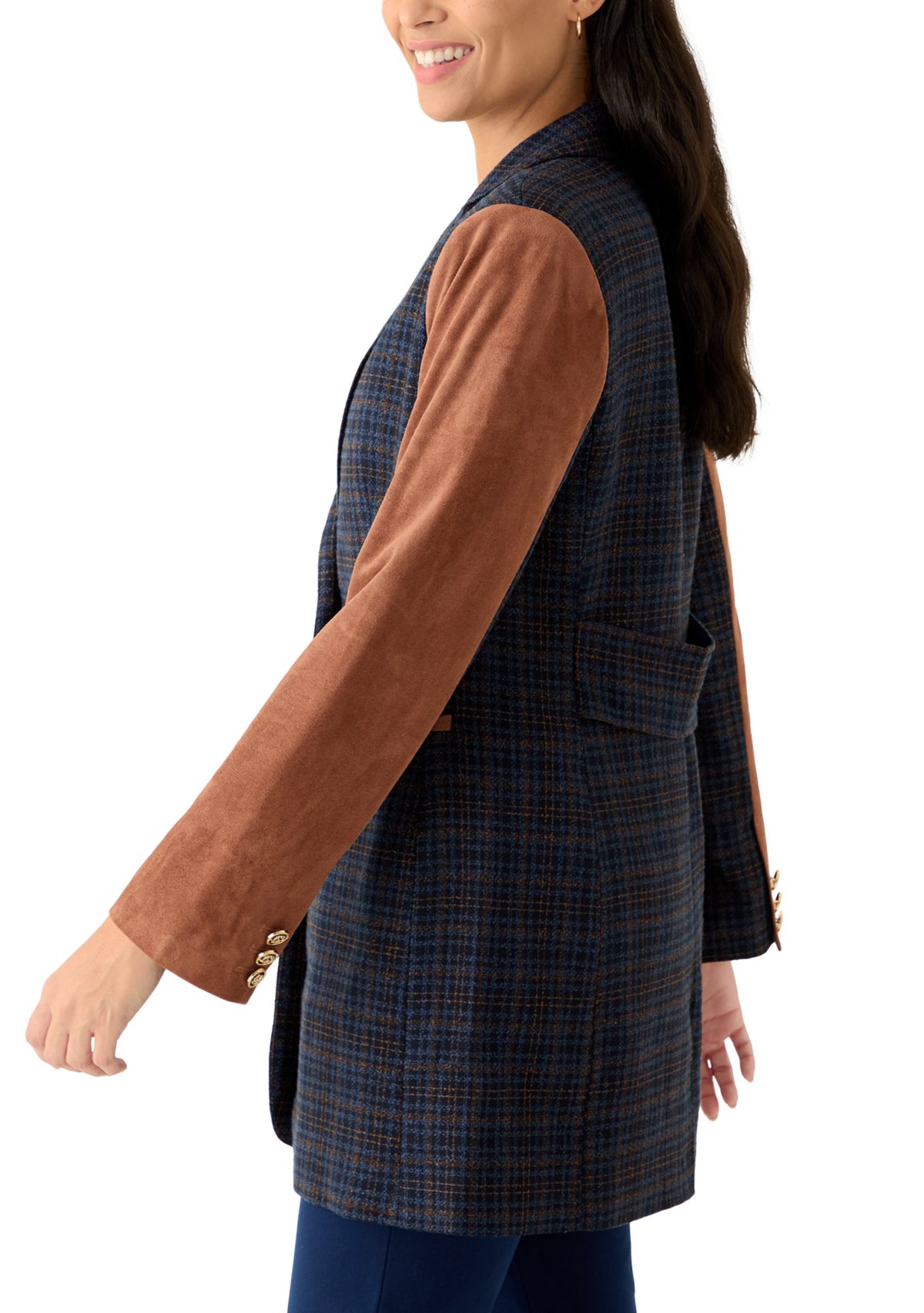 Womens Long Plaid Vegan Leather One Button Jacket