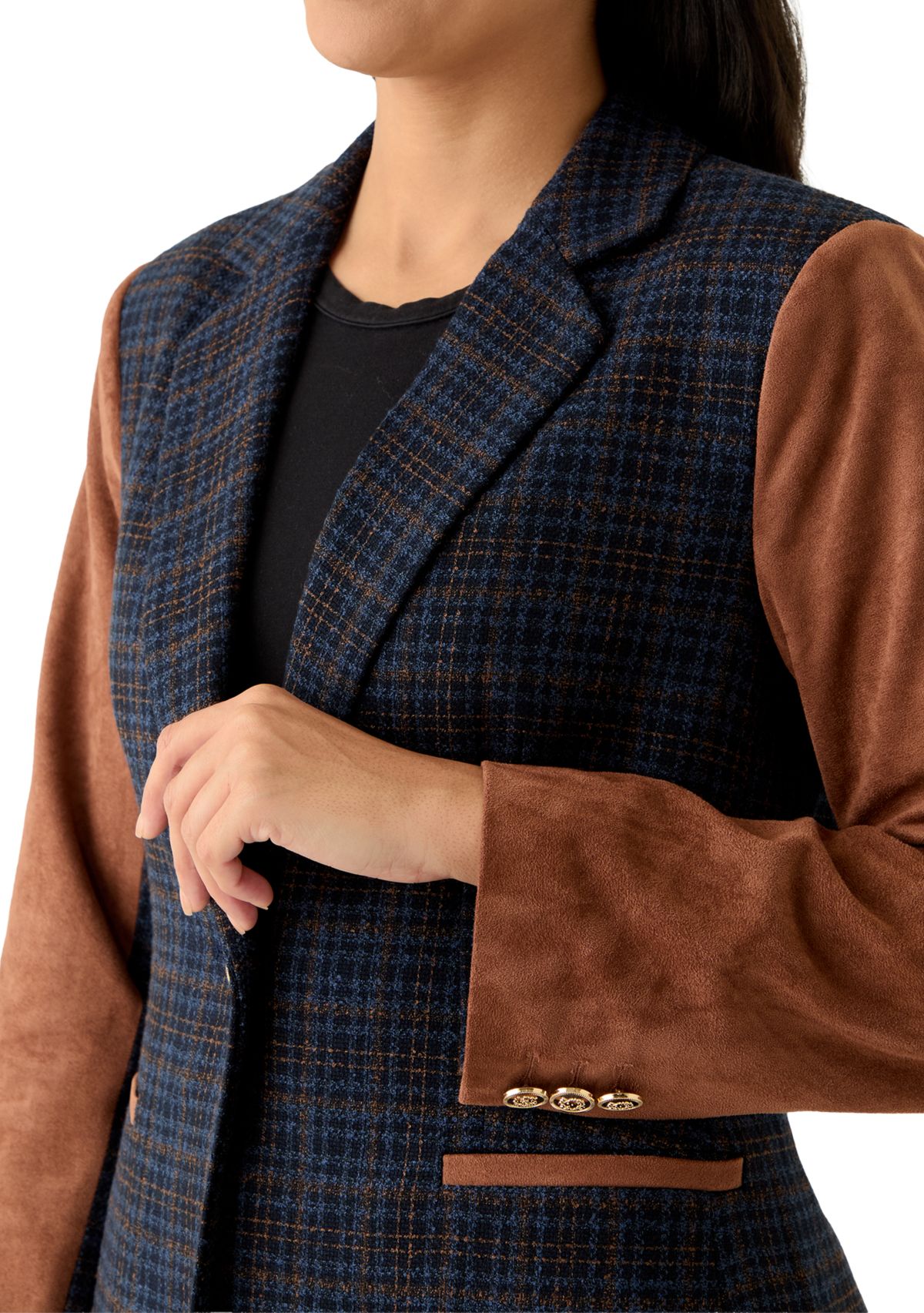 Womens Long Plaid Vegan Leather One Button Jacket