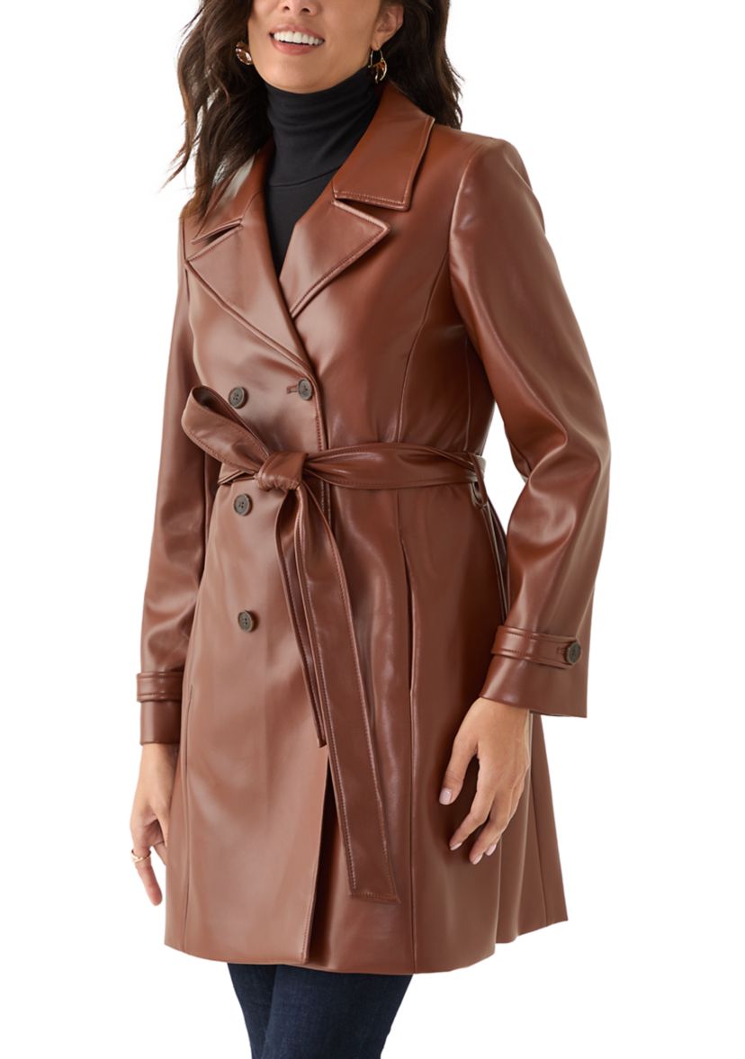 Womens Vegan Leather Belted Trench Coat