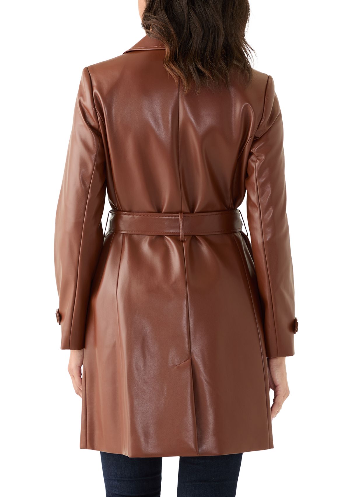 Womens Vegan Leather Belted Trench Coat