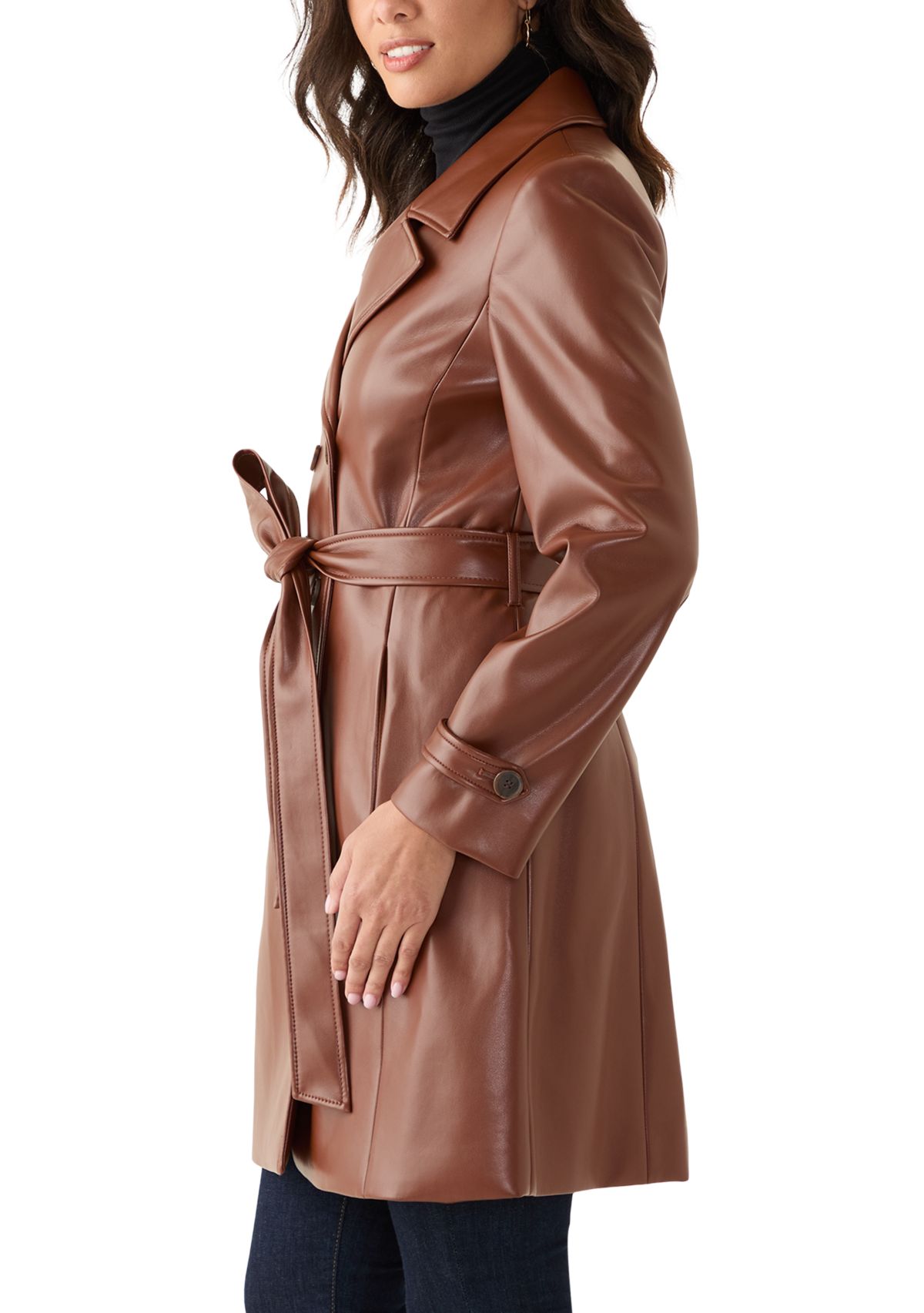 Womens Vegan Leather Belted Trench Coat