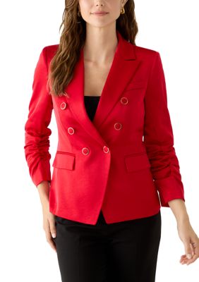Tahari ASL Women's Double-Breasted Scrunch Sleeve Blazer, Crimson, 6