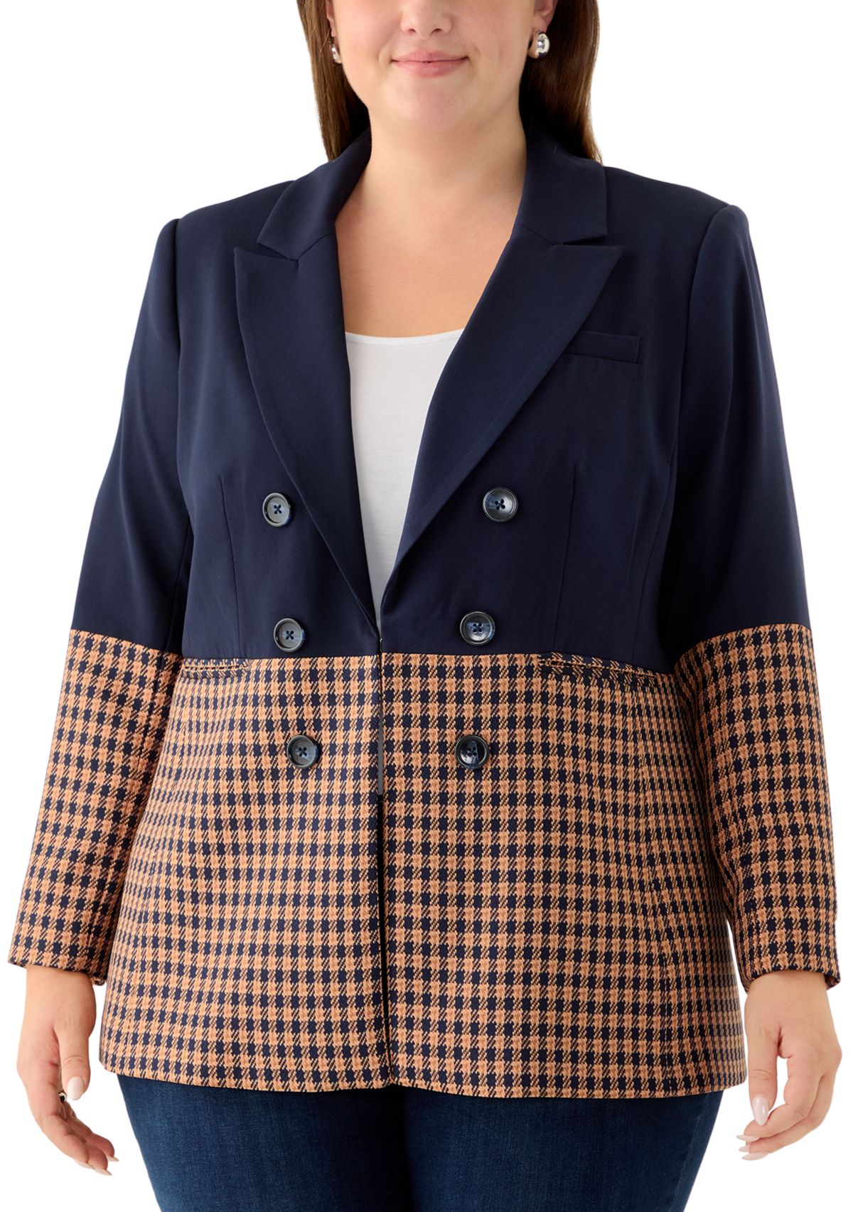 Plus Size Checkered Color Block Blazer
