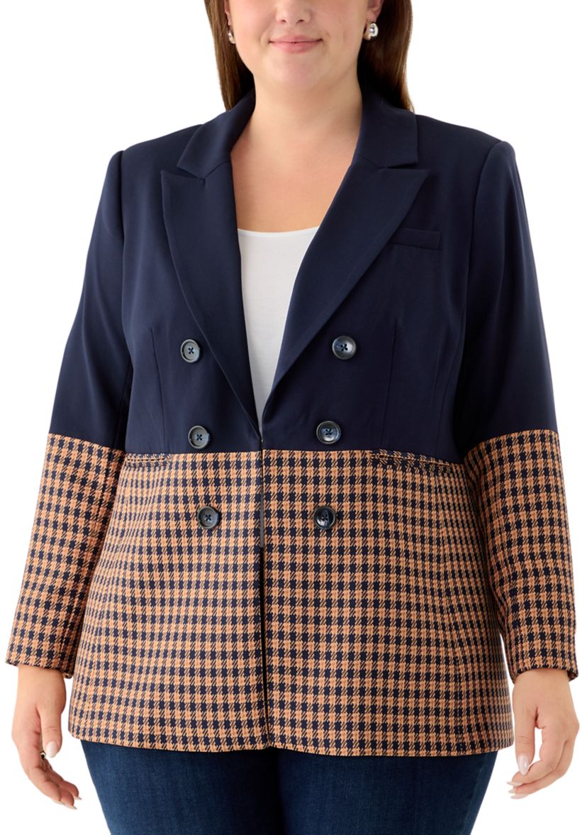 Plus Size Checkered Color Block Blazer