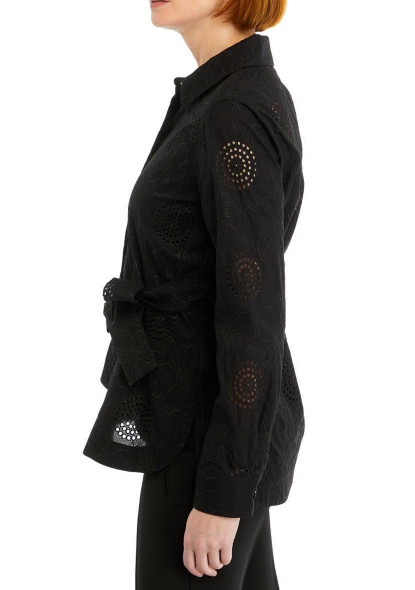 Womens Eyelet Tie Front Shacket 