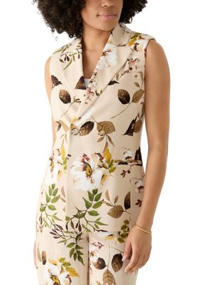 Tahari ASL Women's Floral Double Breasted Notch Collar Vest, Sand, 6