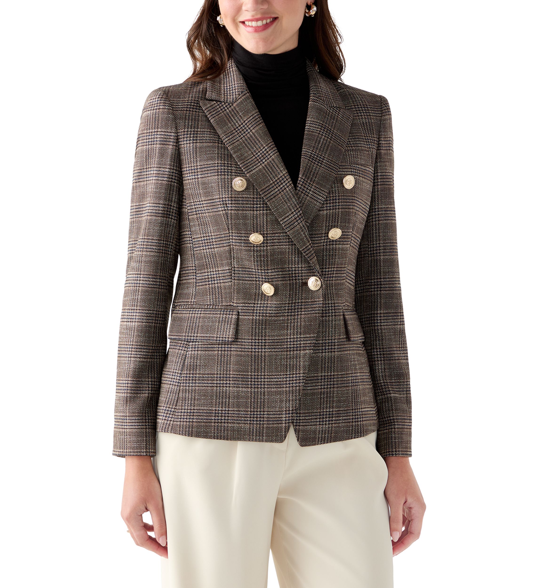 Womens Faux Double Breasted Plaid Jacket 