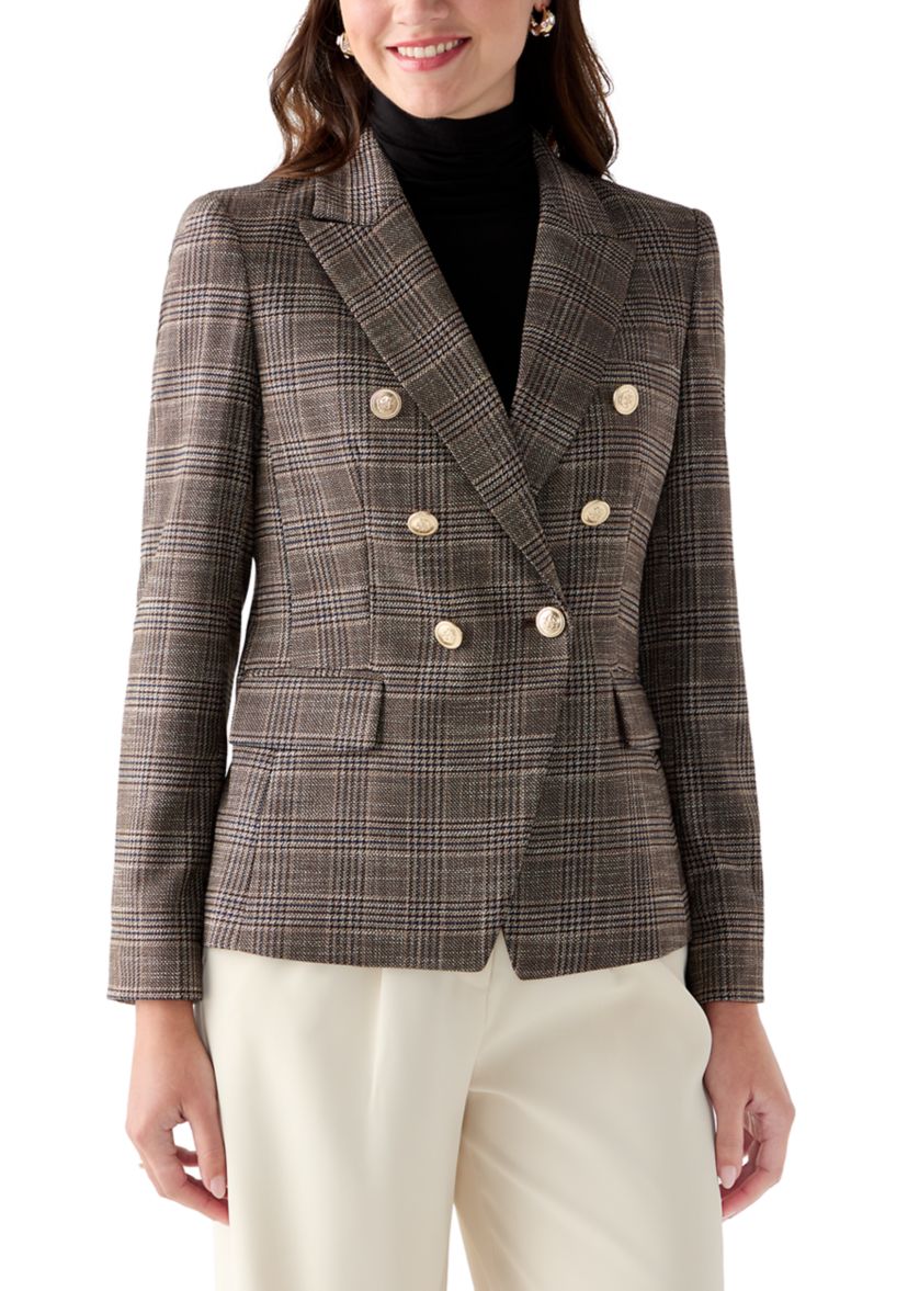 Womens Faux Double Breasted Plaid Jacket 