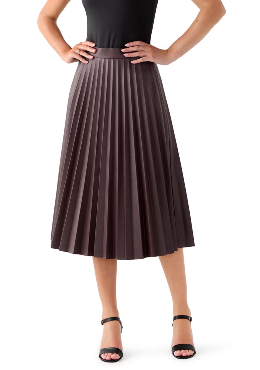 Womens Vegan Leather Long Pleated Skirt