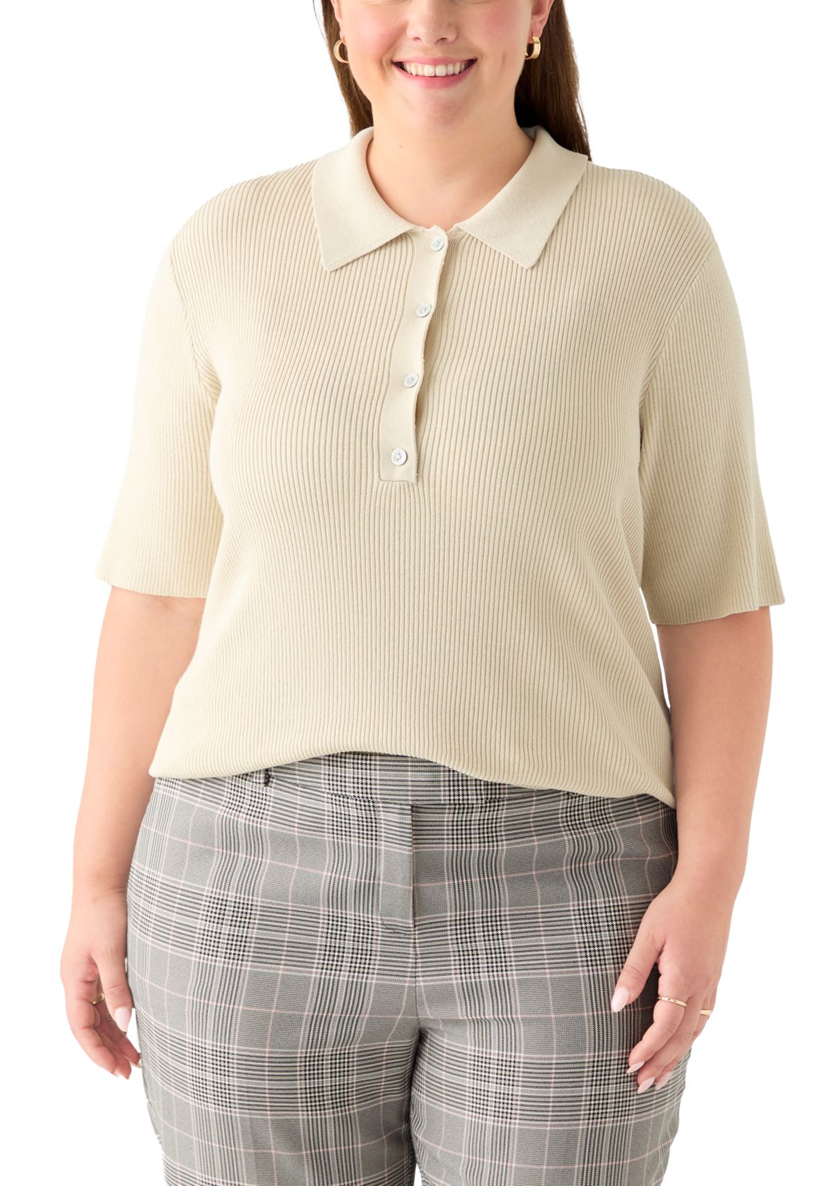 Plus Size Elbow Sleeve Johnny Collar Top 