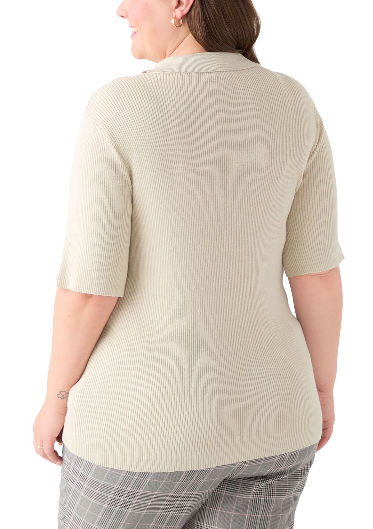 Plus Size Elbow Sleeve Johnny Collar Top 
