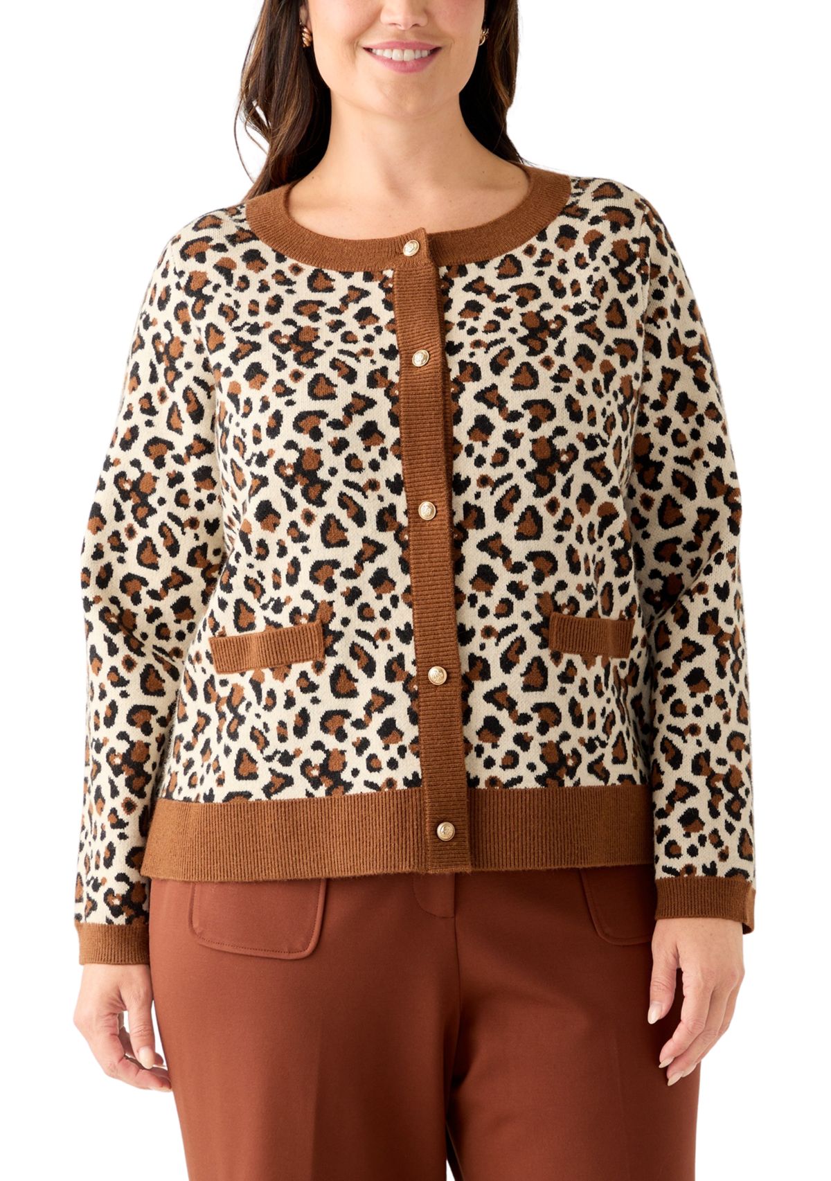  Plus Size Leopard Jacquard Cardigan with Buttons 