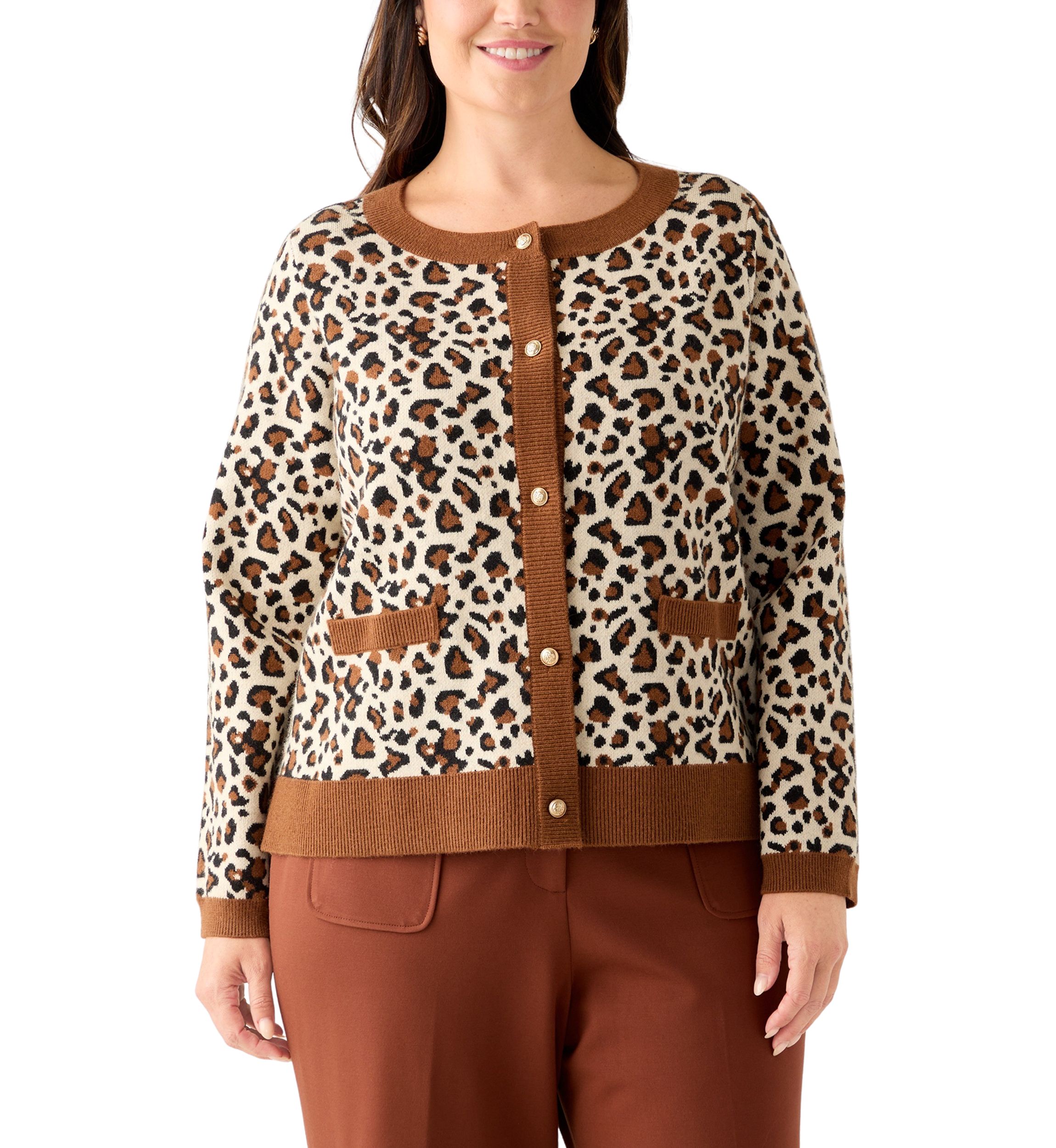  Plus Size Leopard Jacquard Cardigan with Buttons 