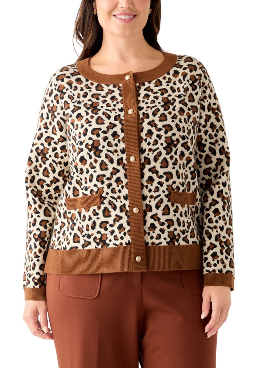  Plus Size Leopard Jacquard Cardigan with Buttons 