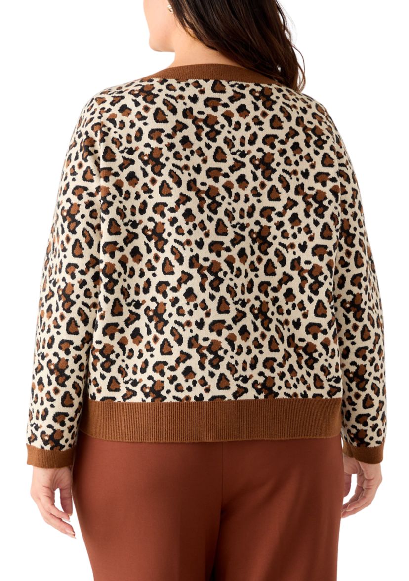 Plus Size Leopard Jacquard Cardigan with Buttons 