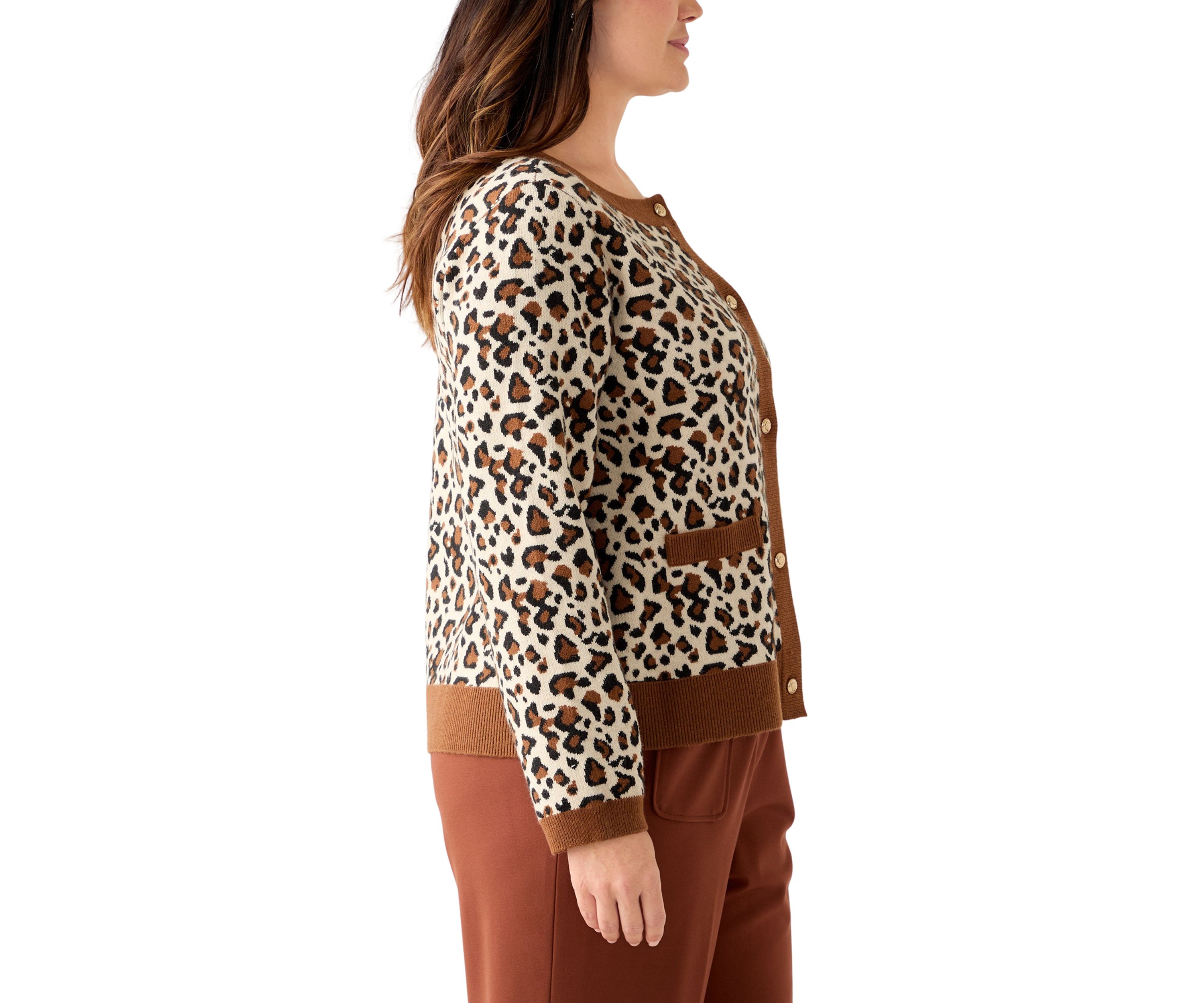  Plus Size Leopard Jacquard Cardigan with Buttons 