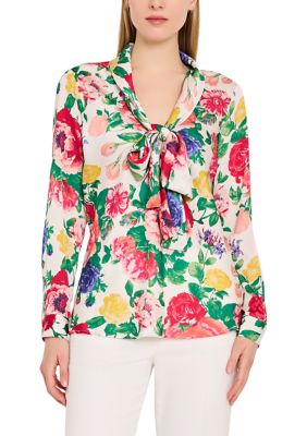 Tahari ASL Women's Long Sleeve Tie Front Floral Blouse, Ivory, Large