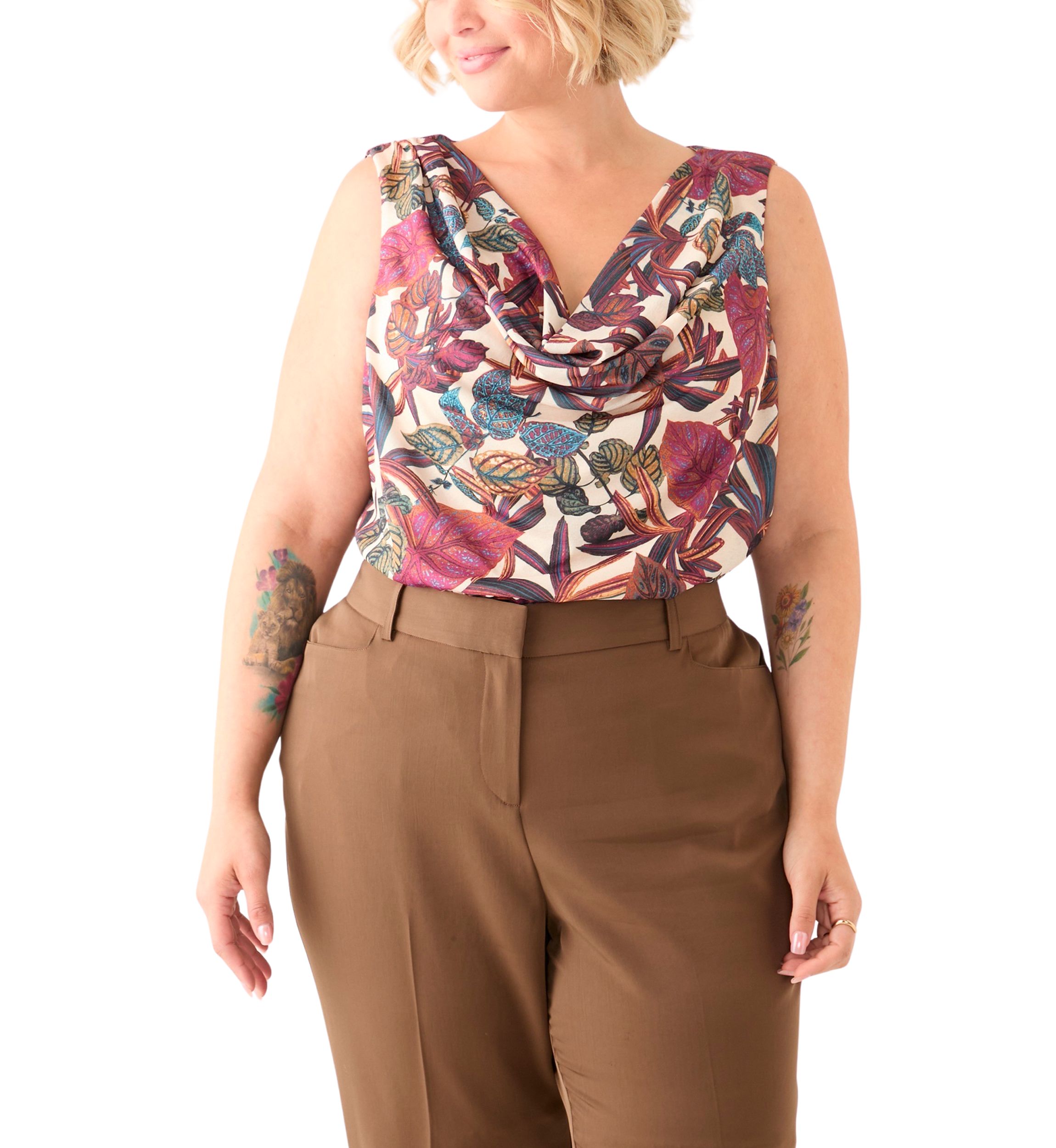 Plus Size Printed Cowl Neck Blouse