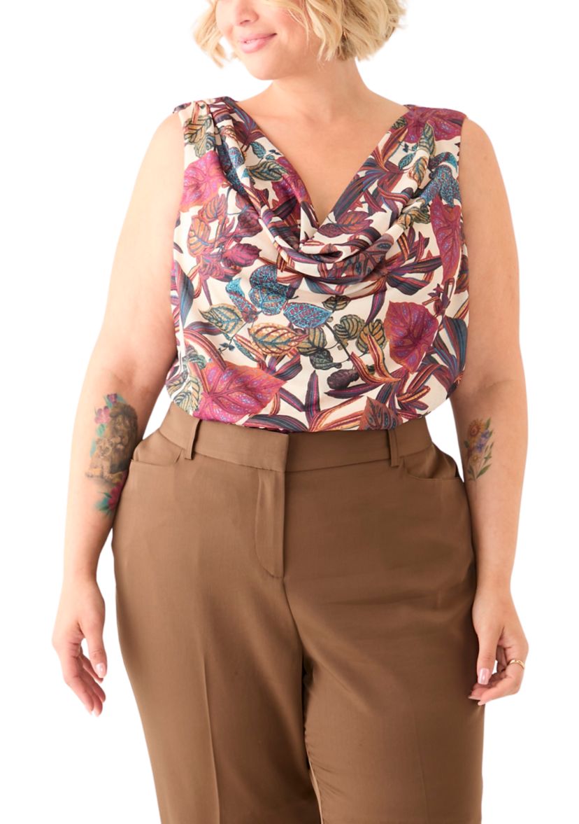 Plus Size Printed Cowl Neck Blouse