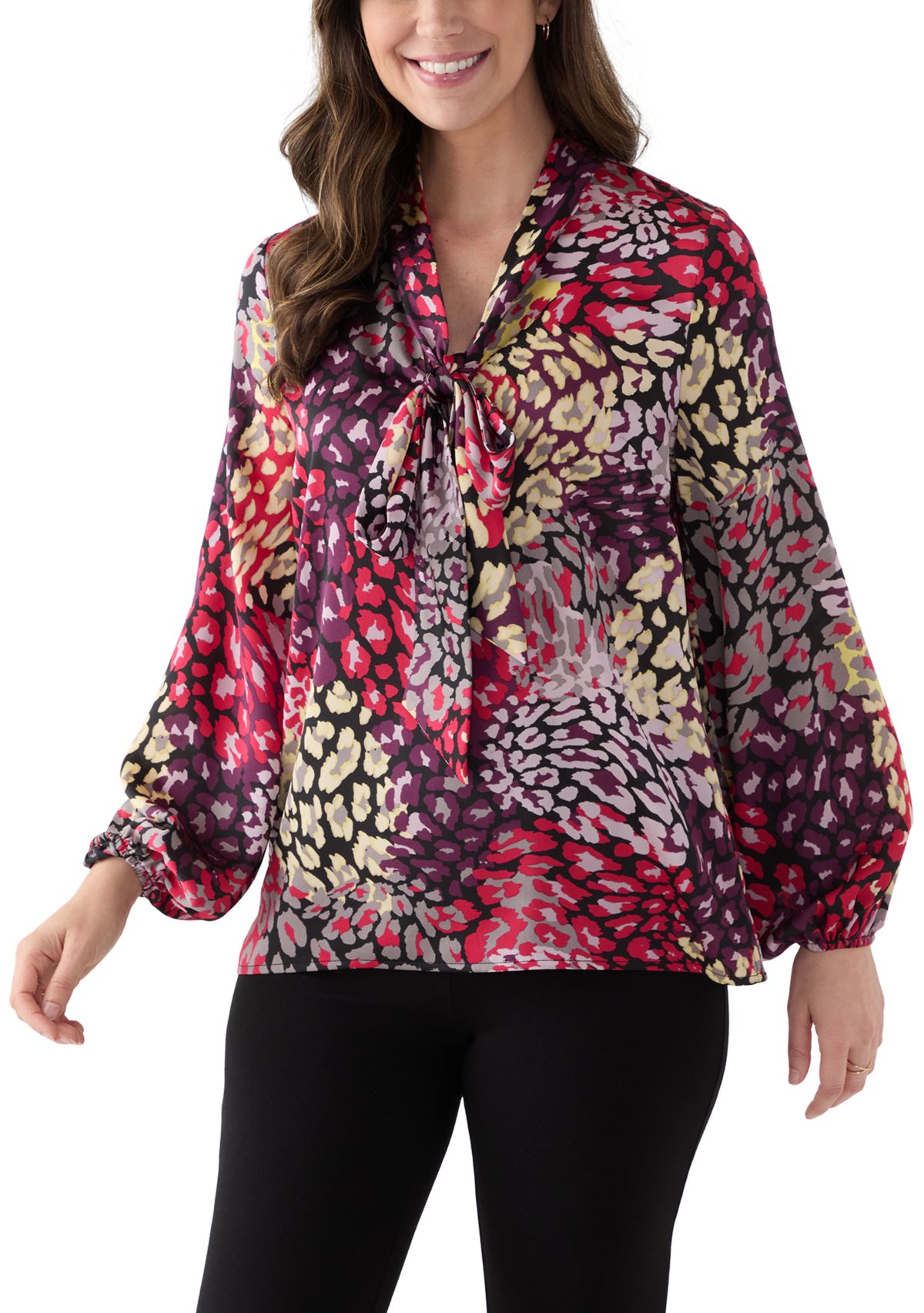 Womens Long Sleeve Satin Tie Neck Top