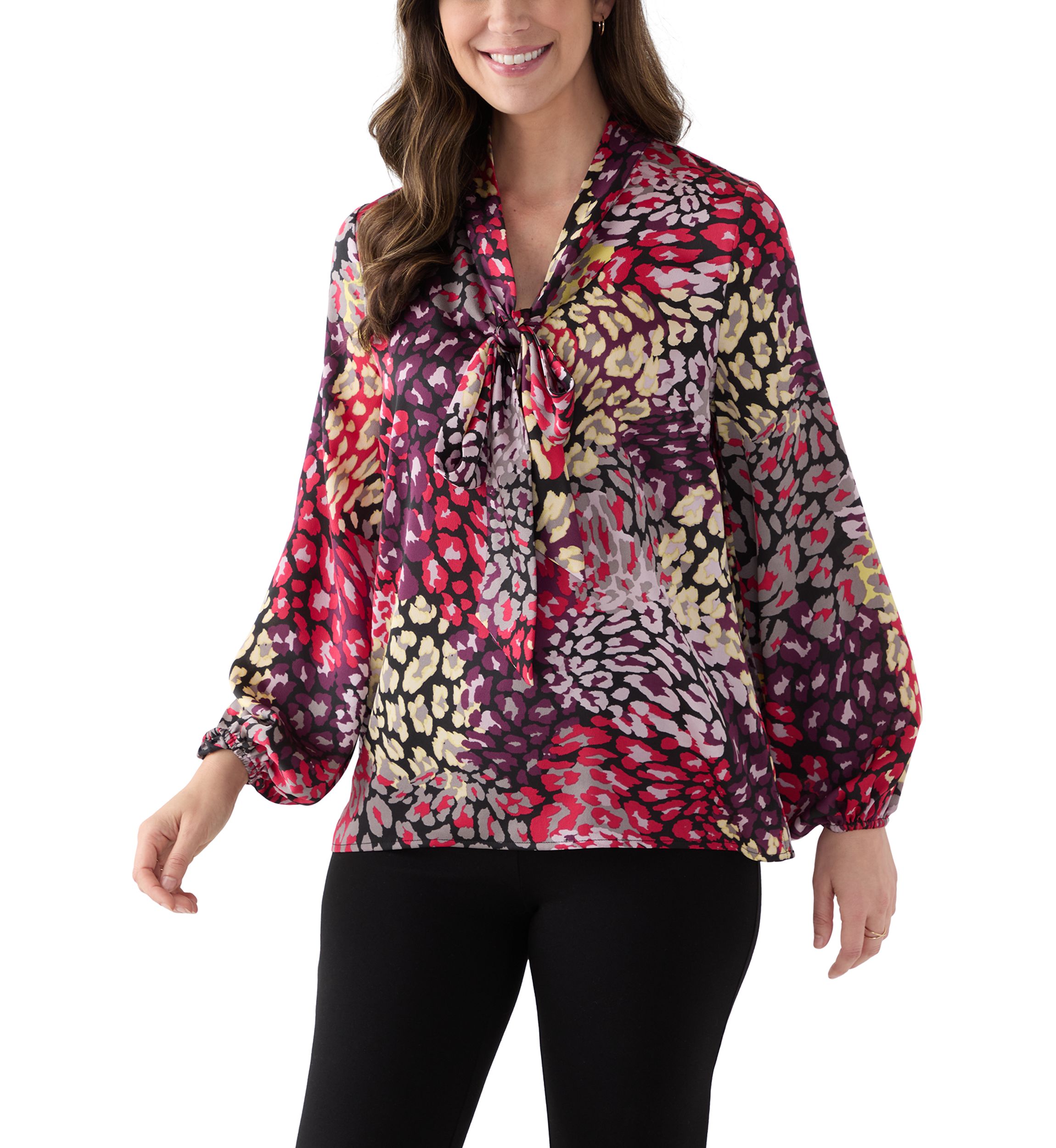 Womens Long Sleeve Satin Tie Neck Top