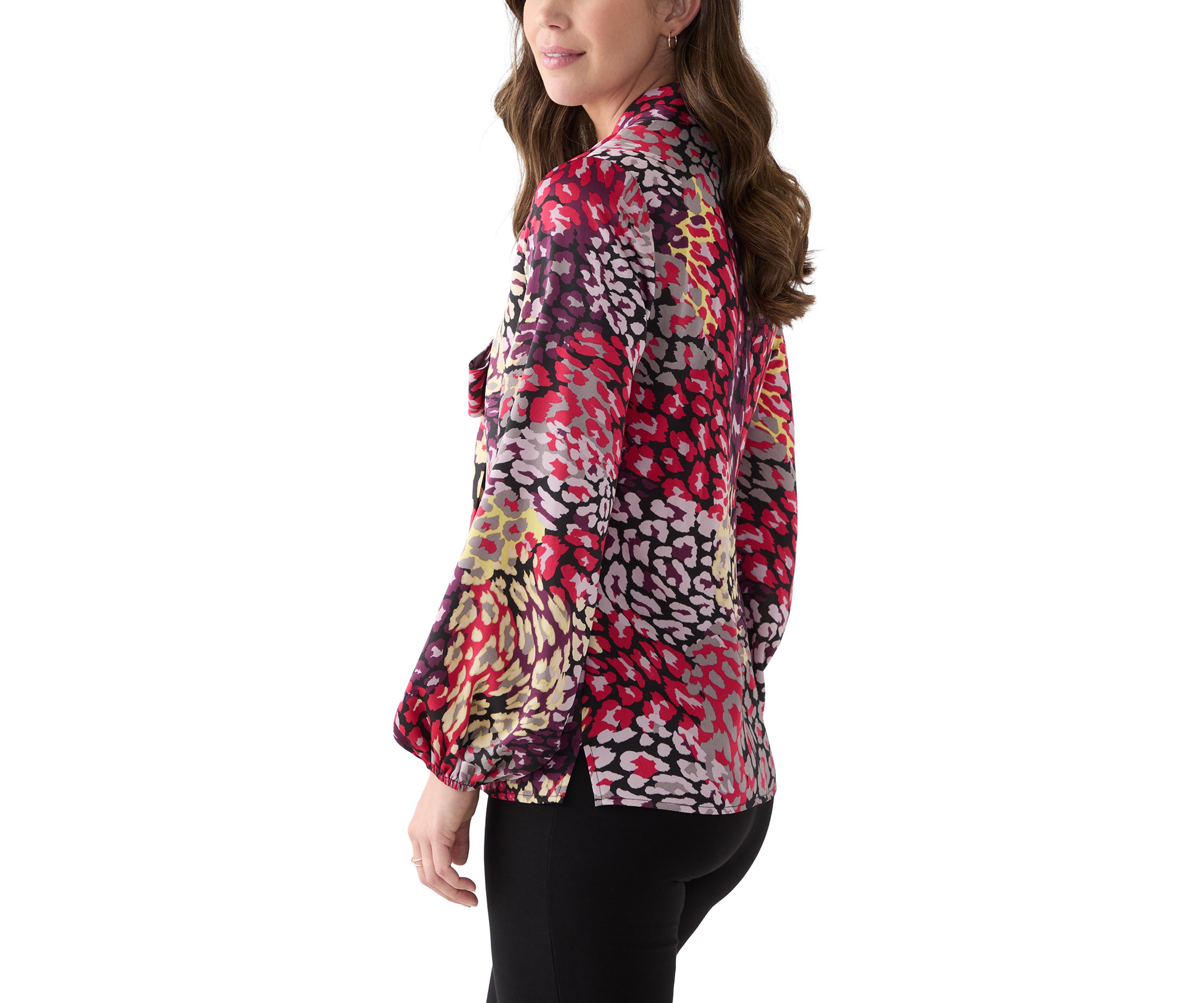 Womens Long Sleeve Satin Tie Neck Top