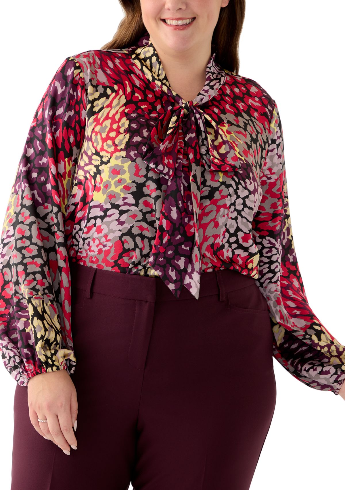 Plus Size Hammer Satin Tie Neck Blouse