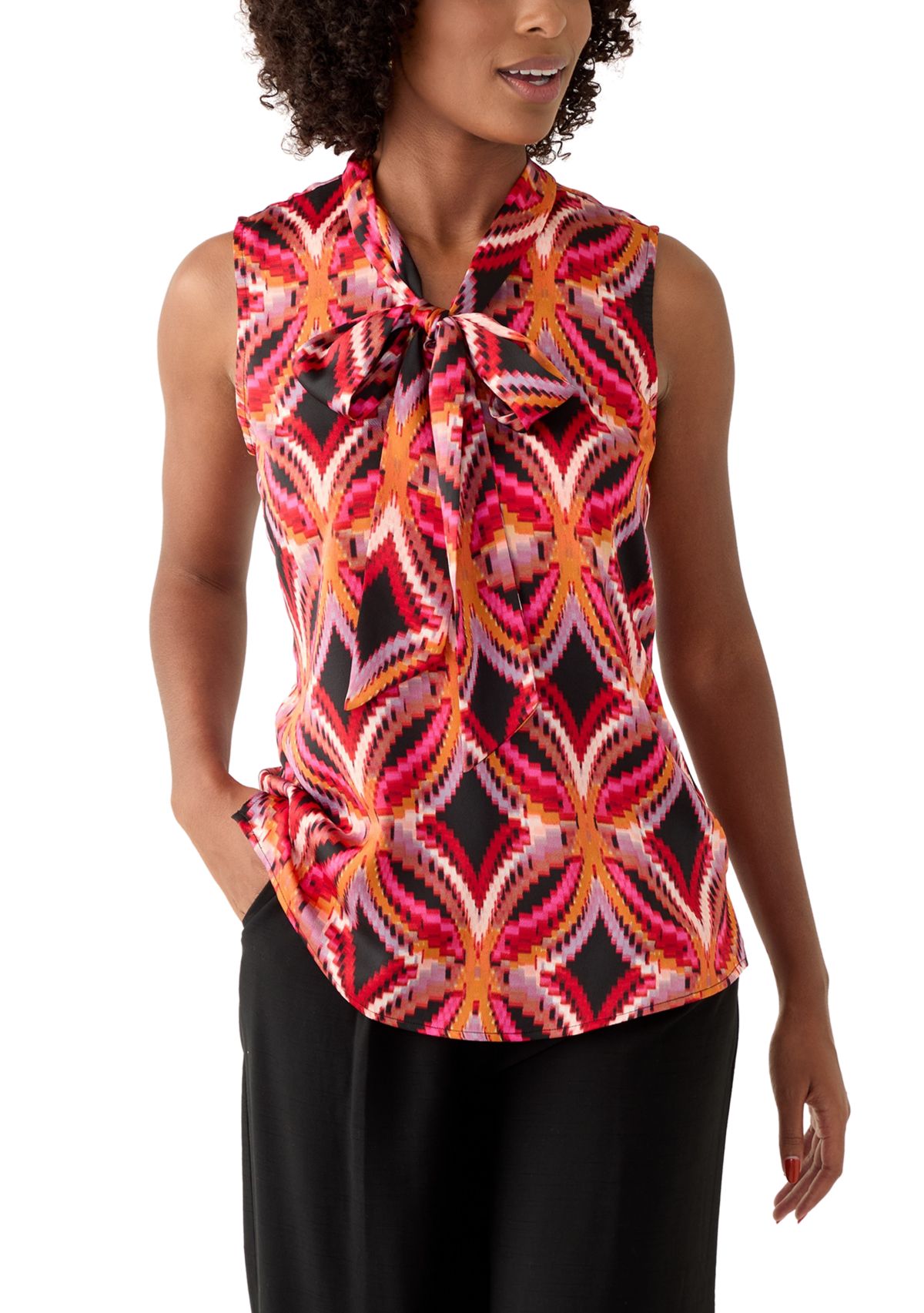 Womens Printed Satin Bow Blouse