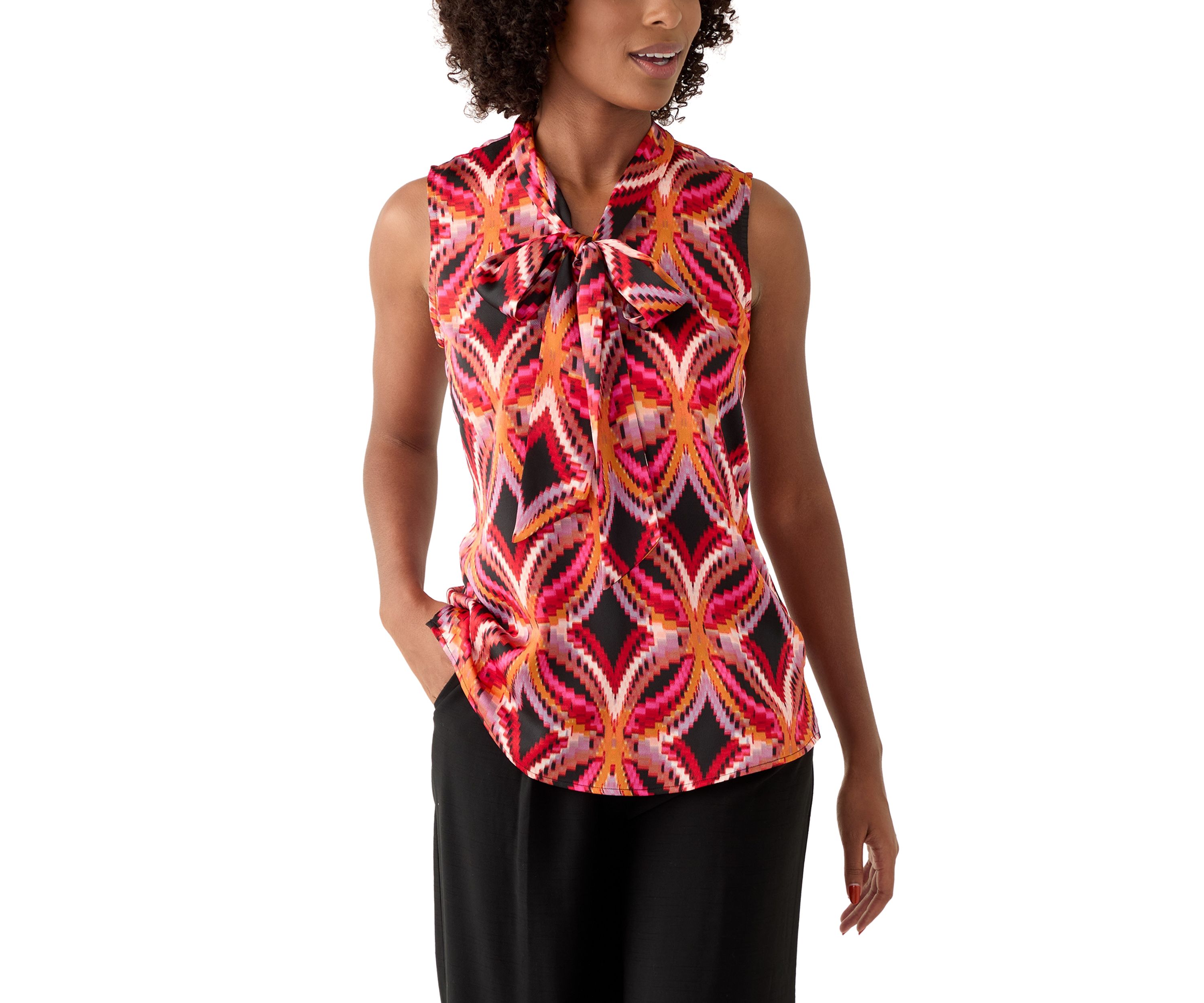 Womens Printed Satin Bow Blouse