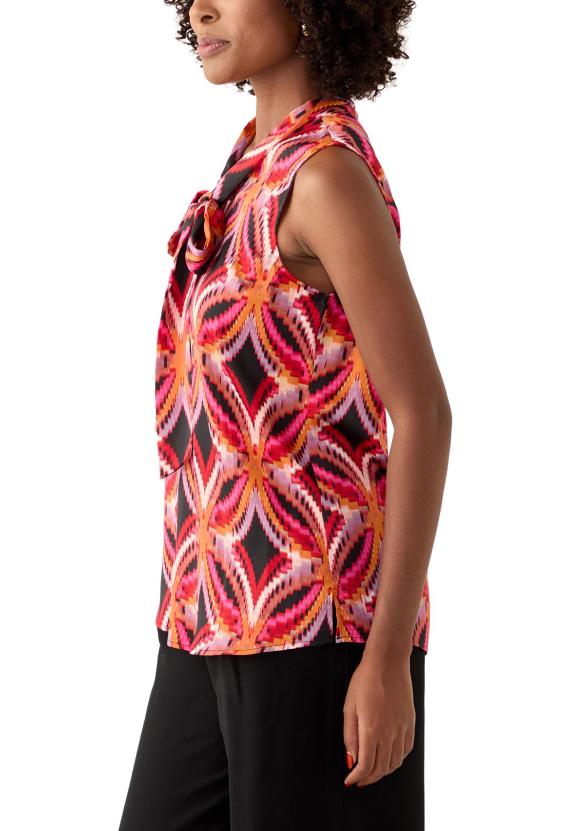 Womens Printed Satin Bow Blouse