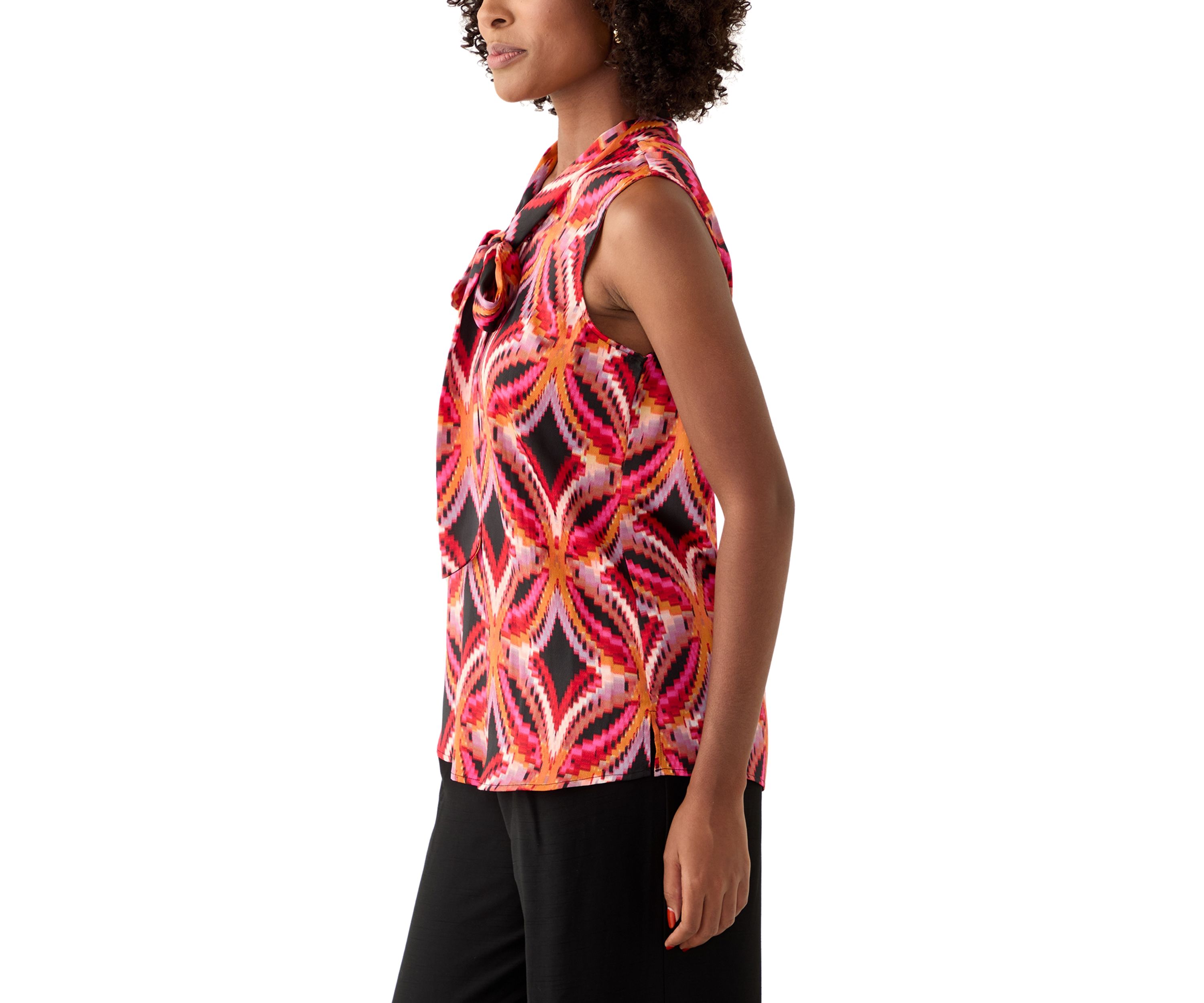 Womens Printed Satin Bow Blouse