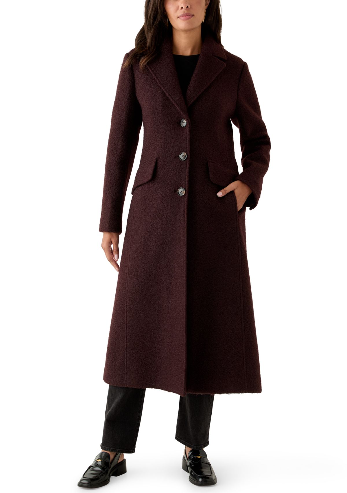 Womens Long Sleeve 3 Button Bouclé Coat